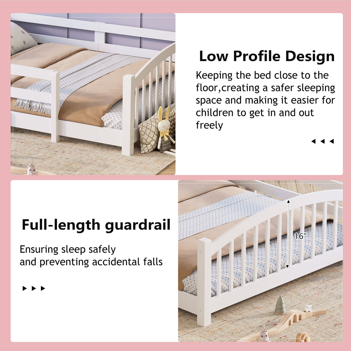 Full Montessori Floor Bed with Slats and Safety Guardrails, Solid Wood Floor Bed with Fence and Without Door, Easy Assemble Montessori Bed for Girls and Boys, Gray