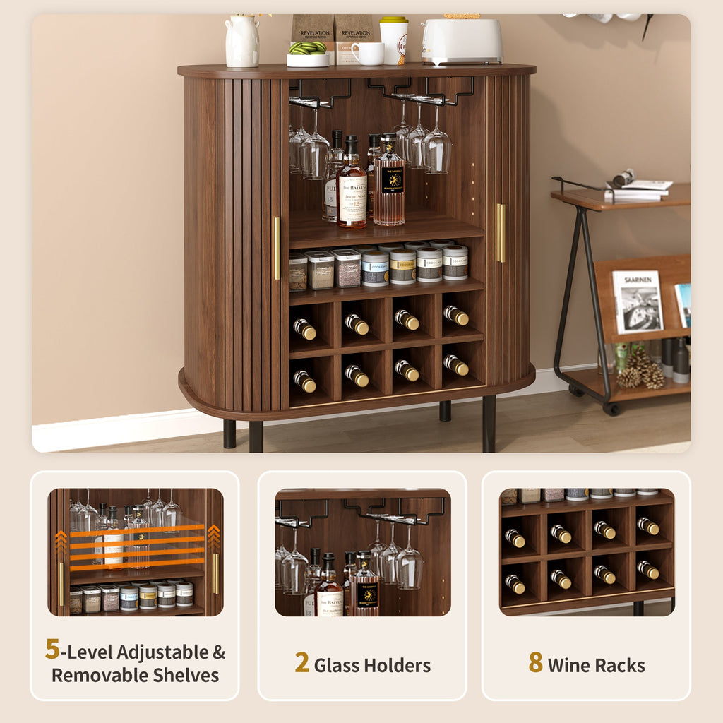 28' Fluted Wine Bar Cabinet with 8-Grid Wine Rack, 5-Level Adjustable Shelves, 2 Glass Holders, Smoothly Sliding Tambour Doors, 4 Hidden Storage Space on the Side, Modern Liquor Coffee Station, Black