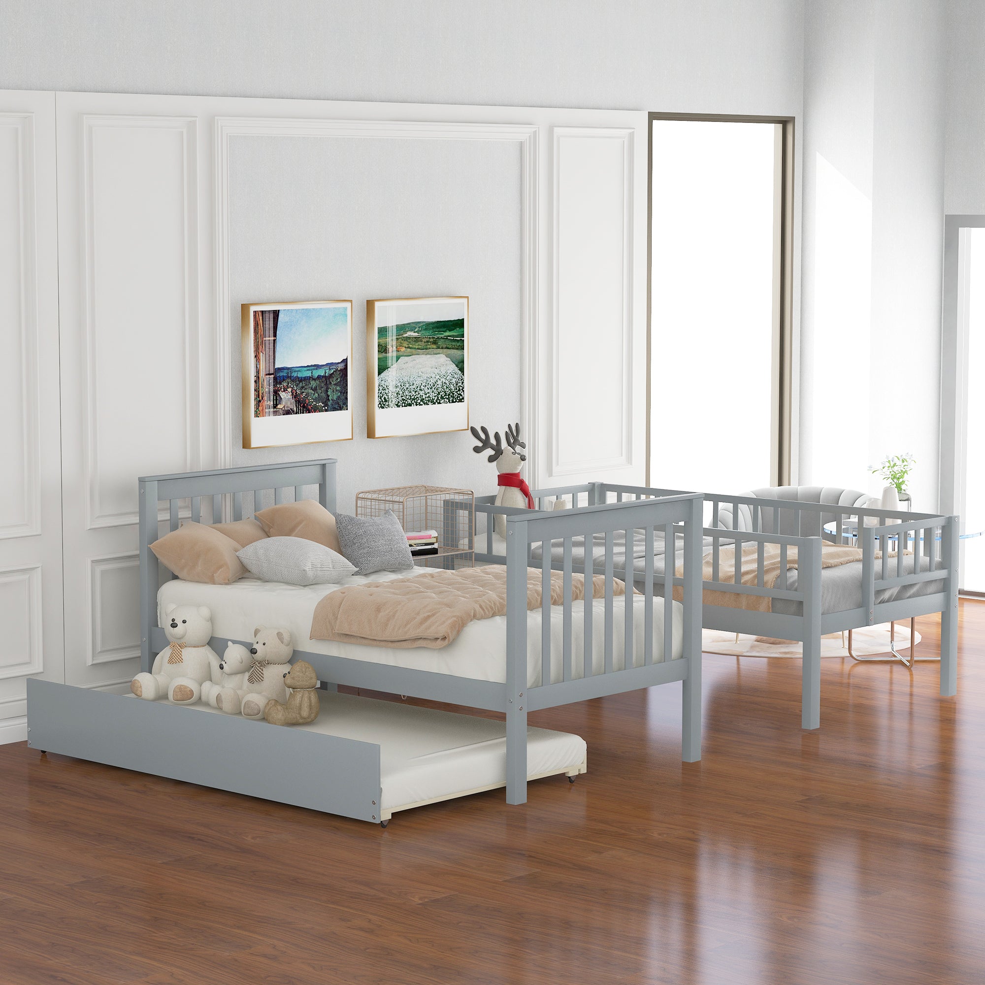 Pull-out trundle bed underneath bunk