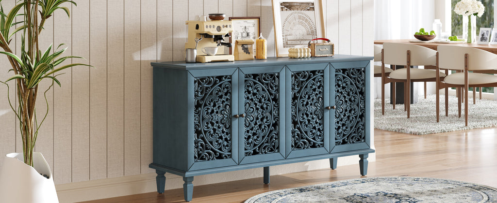 Antique blue sideboard openwork floral carving detail