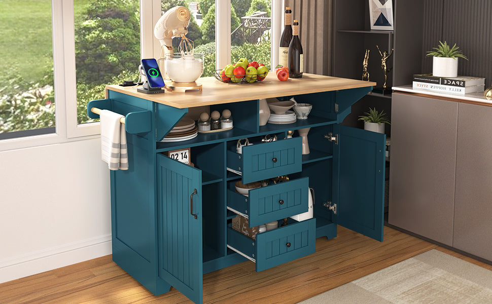 K&K 55.7'' Large Kitchen Island with 2 Drop Leaf,, Rolling Kitchen Cart on 5 Wheels with Power Outlet, Folding Storage Dining Table with Spice & Towel Rack , 3 Drawers, for Kitchen, Dining Room,Black