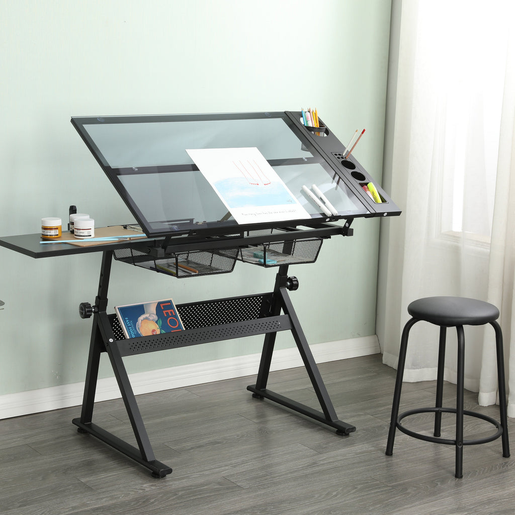 Adjustable Glass Drafting Table with Metal Drawers & Stool