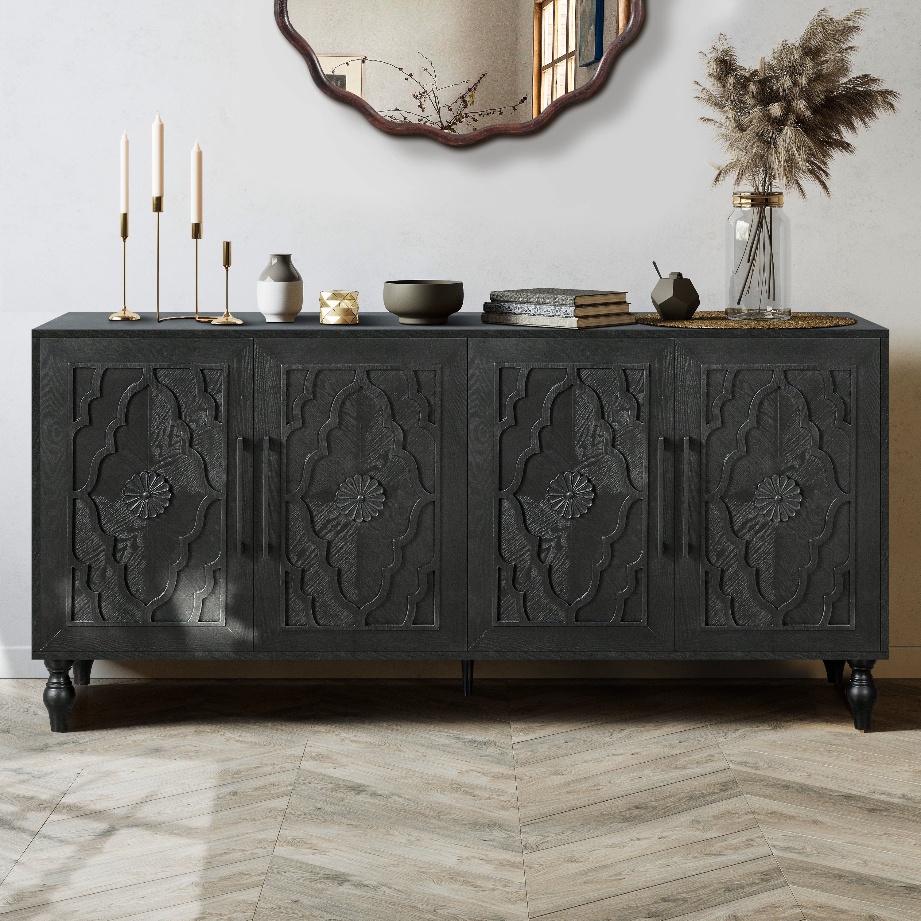 Carved Flower Door Storage Cabinet — Metal Handles