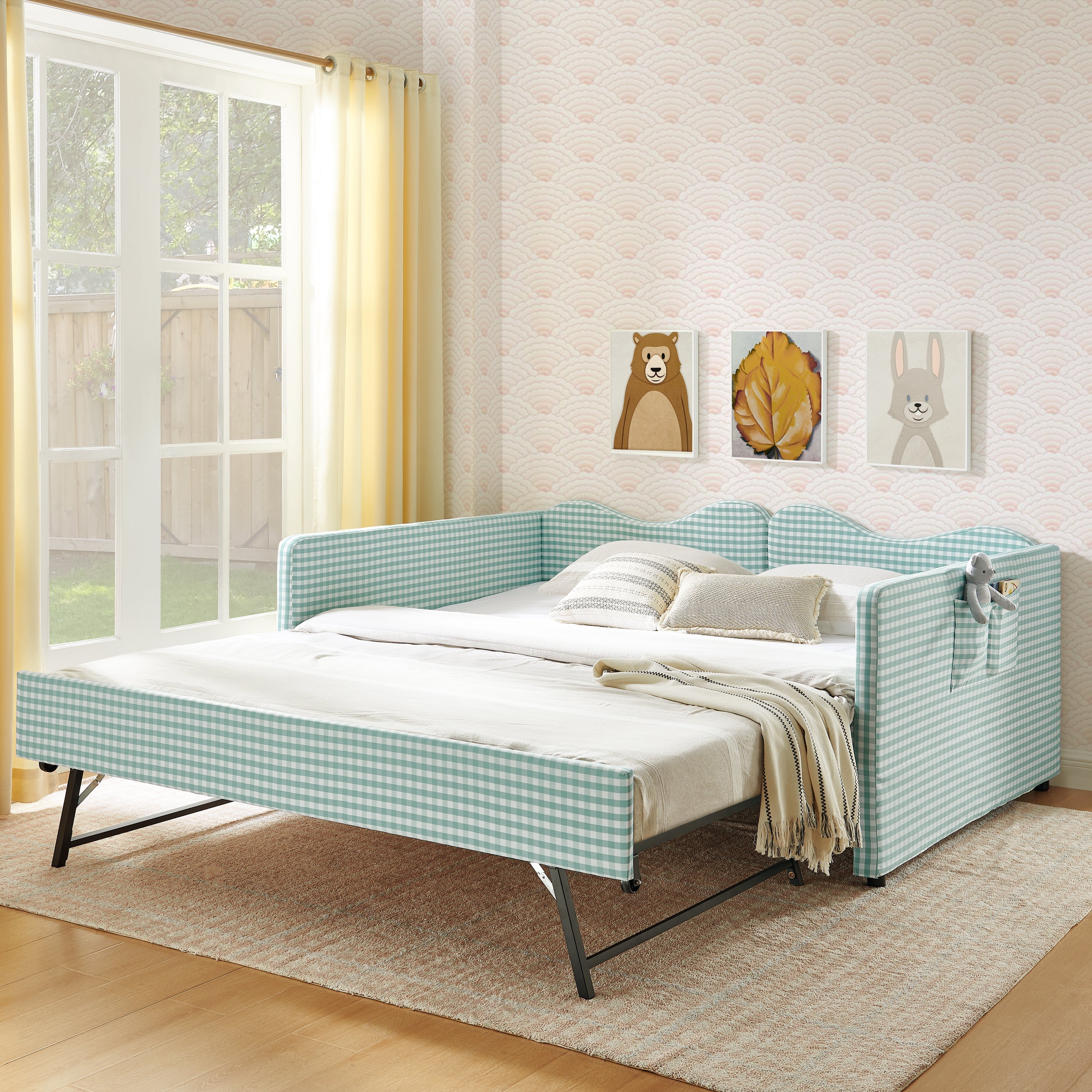Full‑Size Daybed,Gingham Upholstered Daybed Equipped with Pull-Out Trundle Bed Frame & Side Storage Pocket, Solid Wood Frame Multi-Functional Sofa Bed for Kids Room & Guest Bedroom-PINK