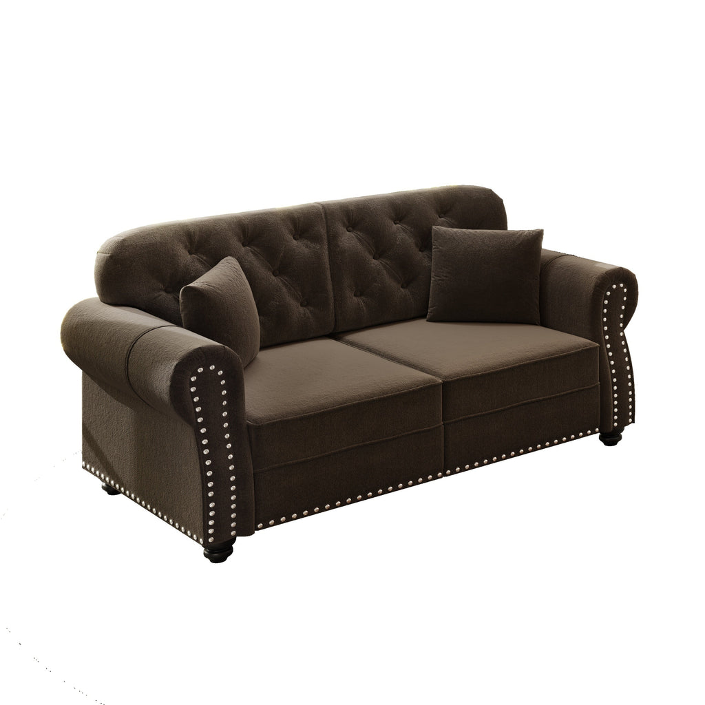 63'Upholstered Velvet Sofa with Nailhead Trim and Rolled Armrests,Mid-Century Modern Chesterfield Sofa with Button Tufted,Includes 2 Pillows,Beige/White