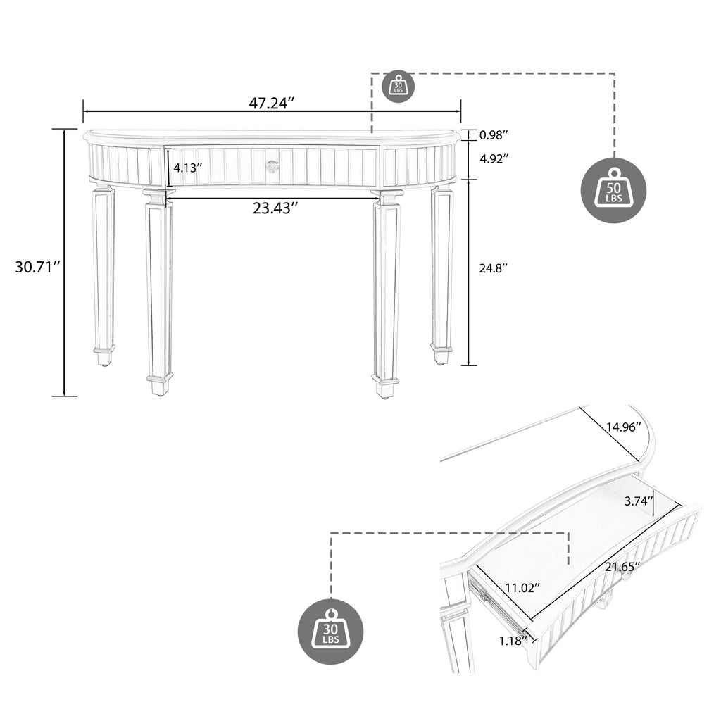 47" Half-Moon Mirrored Console Table — Fluted Glass & Crystal Drawer