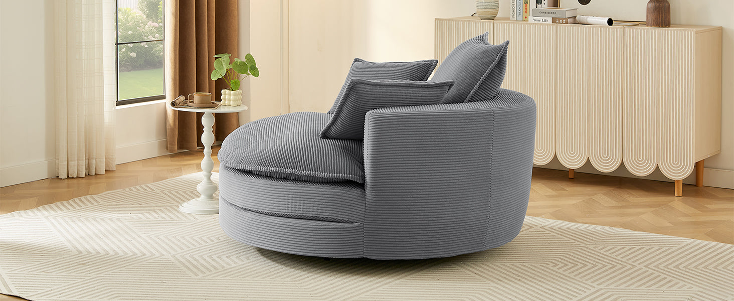 Blue Corduroy 360° Swivel Barrel Accent Chair with Dual-Layer Cushion & 3 Pillows