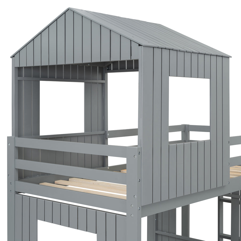 Gray farmhouse playhouse bunk bed weathered wood finish