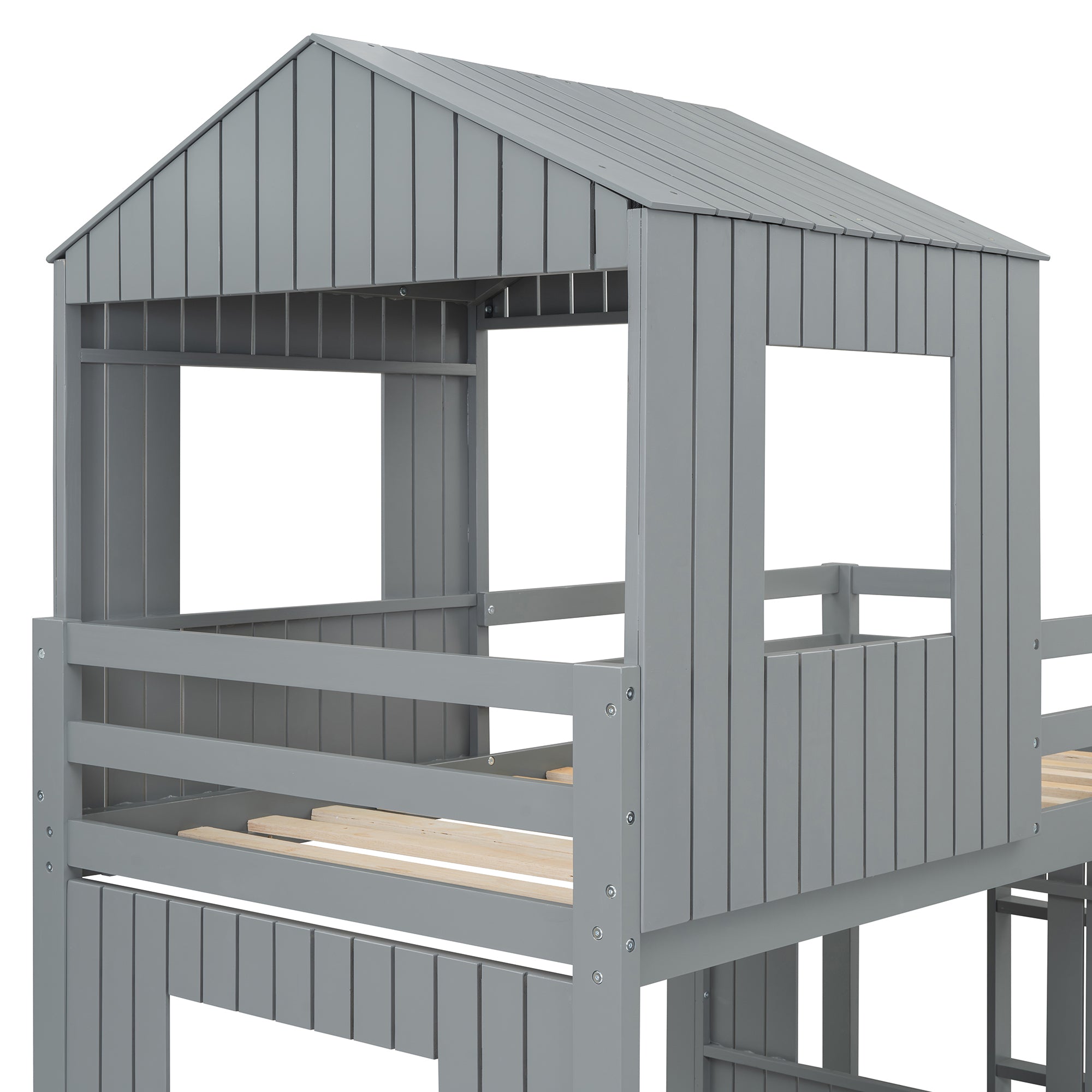 Gray farmhouse playhouse bunk bed weathered wood finish