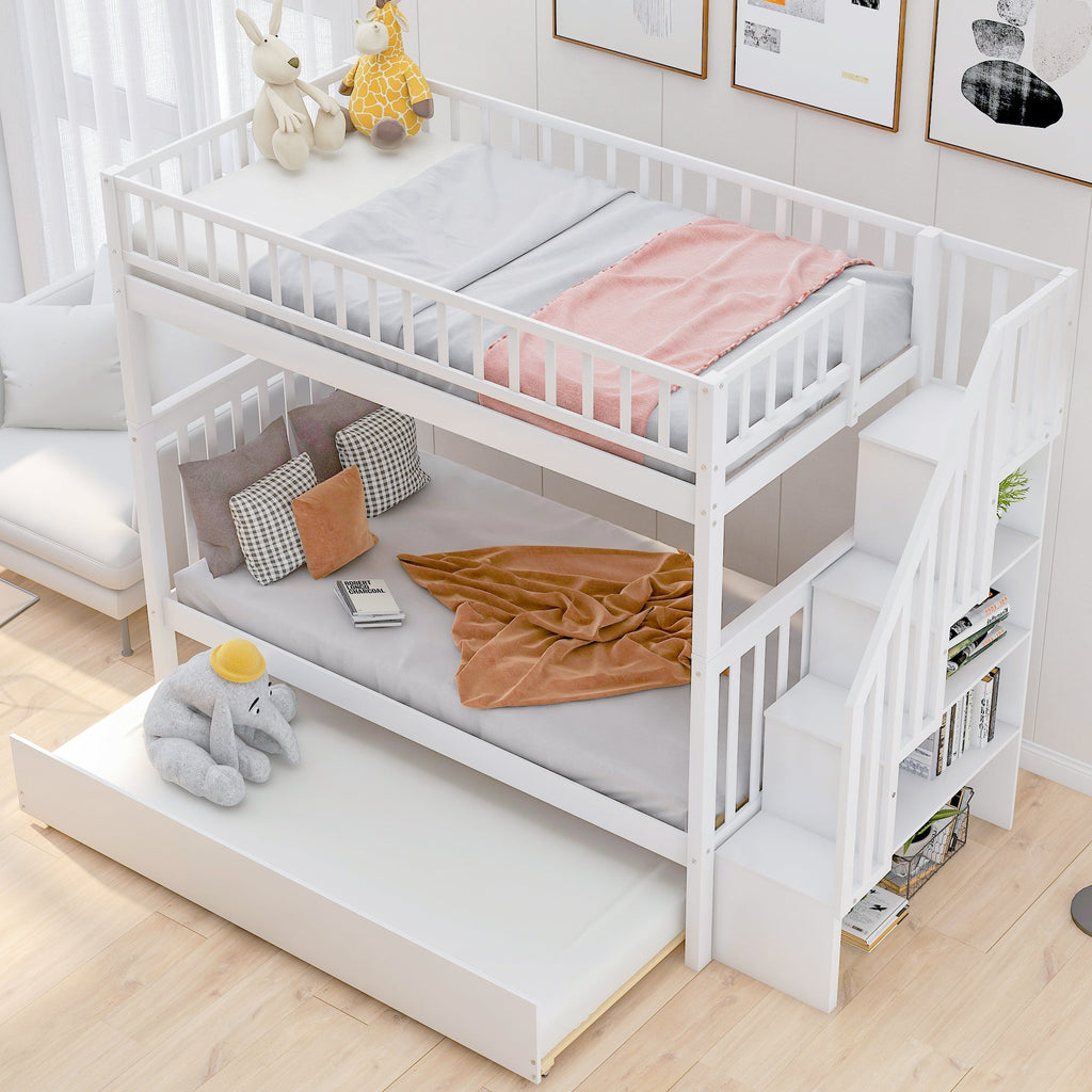 Twin-over-Twin Bunk Bed with Trundle & Storage Shelves