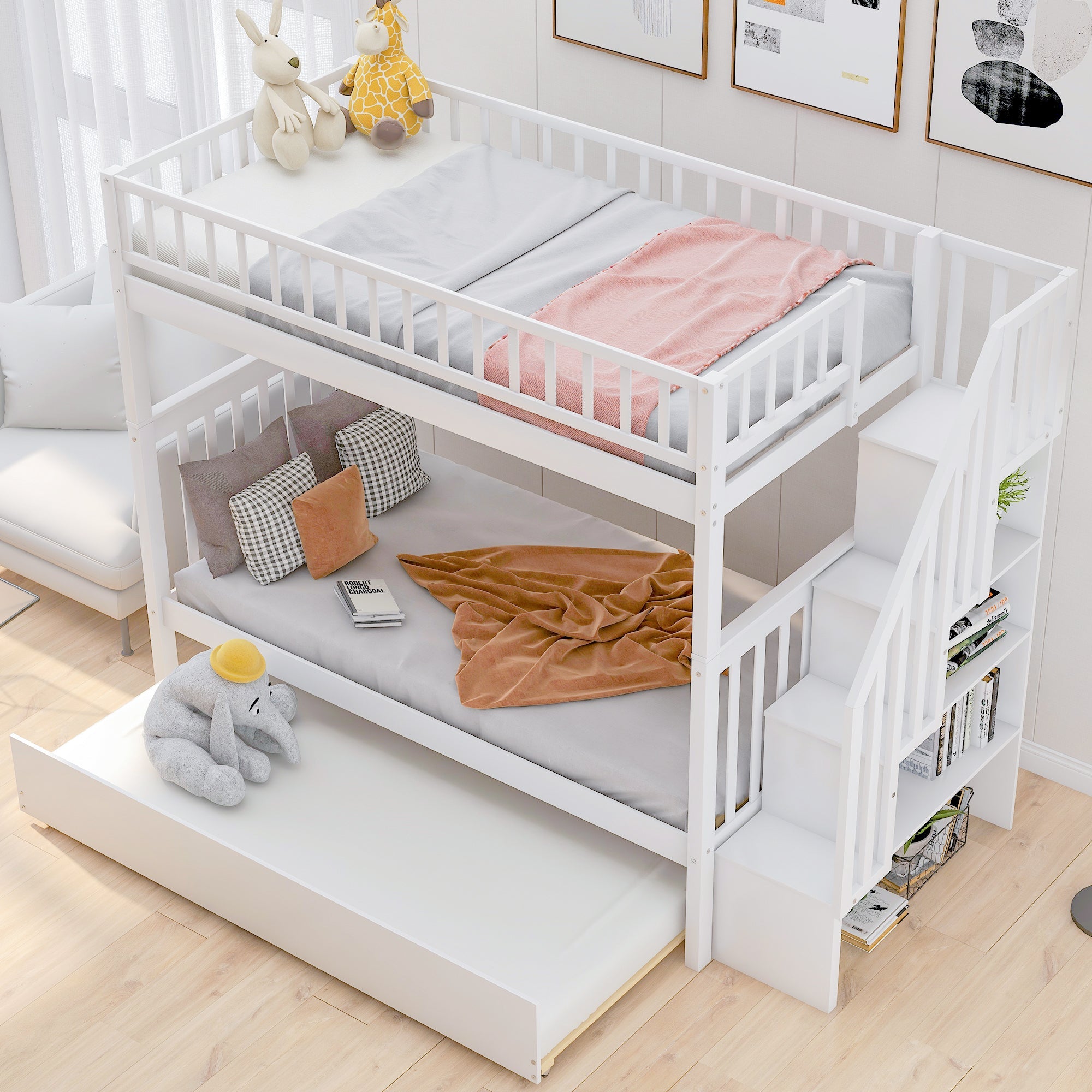 Twin-over-Twin Bunk Bed with Trundle & Storage Shelves