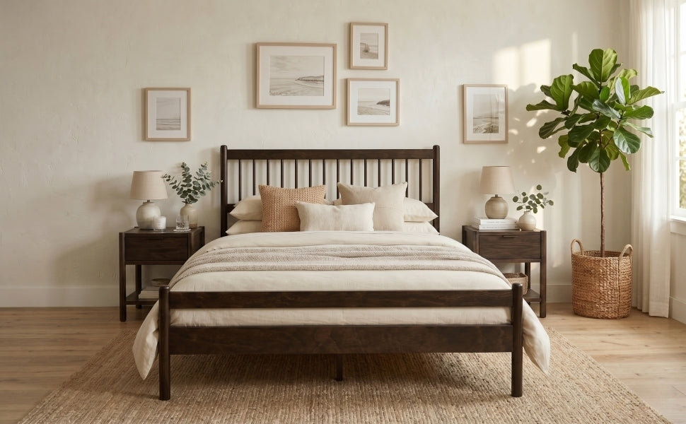 Traditional Style Queen Size Bed with Headboard and Footboard, Pinewood Bed with Strengthened Bed Frame ,Walnut