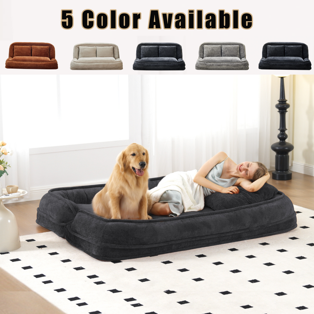 Dark gray loveseat human dog bed laid flat sleeper mode