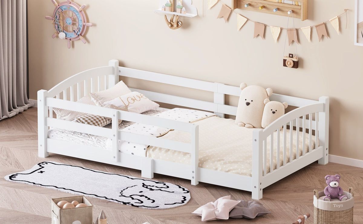 Twin Montessori Floor Bed with Slats and Safety Guardrails, Solid Wood Floor Bed with Fence and Without Door, Easy Assemble Montessori Bed for Girls and Boys, Gray
