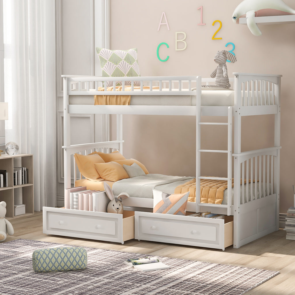White twin over twin bunk bed split into two separate beds