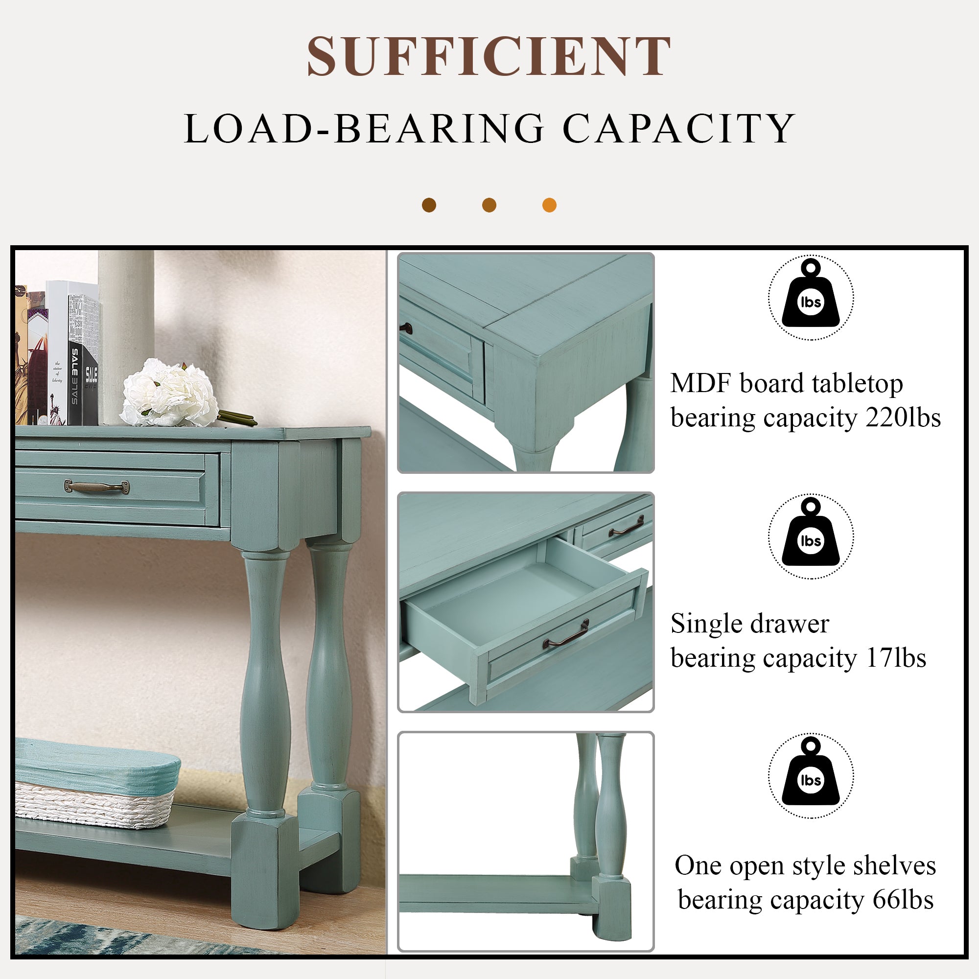 Mid-century retro blue console table side profile