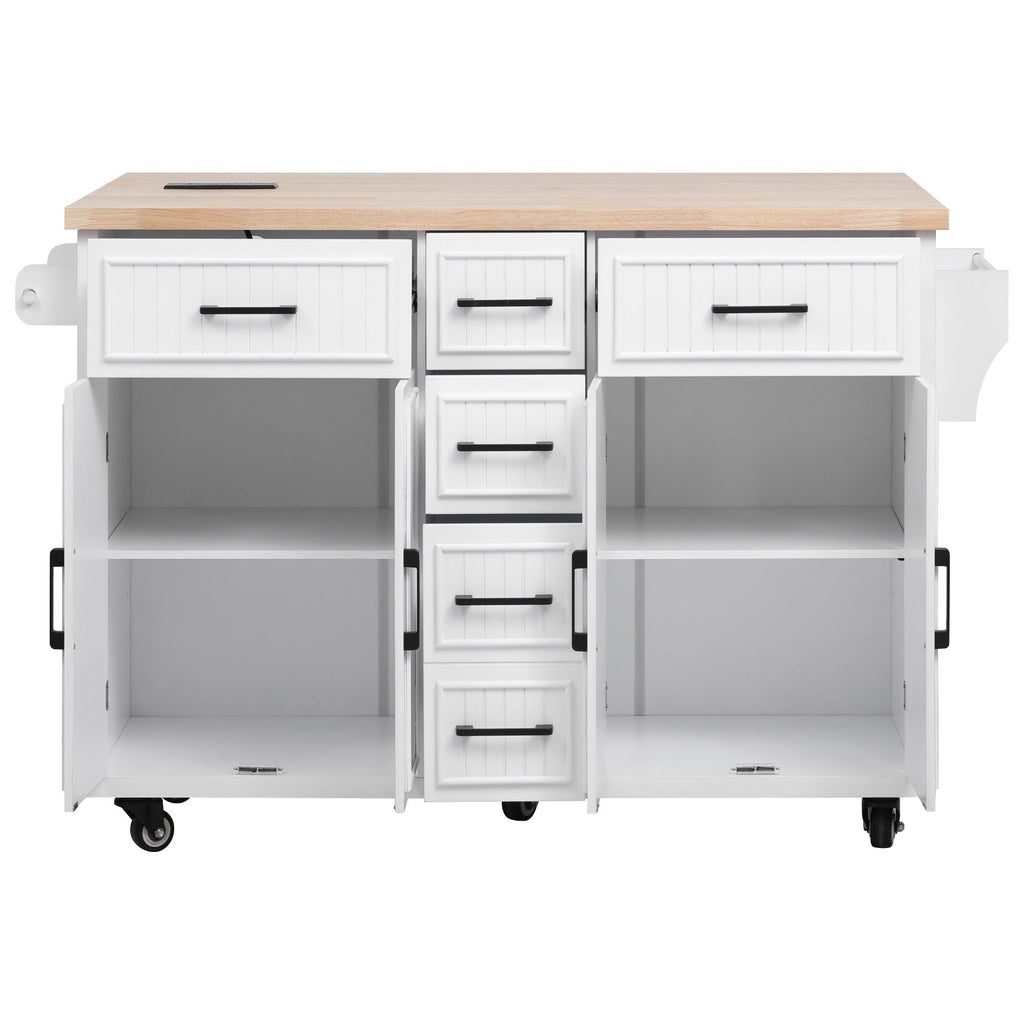K&K 56.5'' Kitchen Island with Drop Leaf, Power Outlet, Embossed Vertical Stripe Rolling Kitchen Cart on Wheels with 4 Doors , 5 Deep Drawers and Adjustable Shelves, for Kitchen, Dining Room, Black