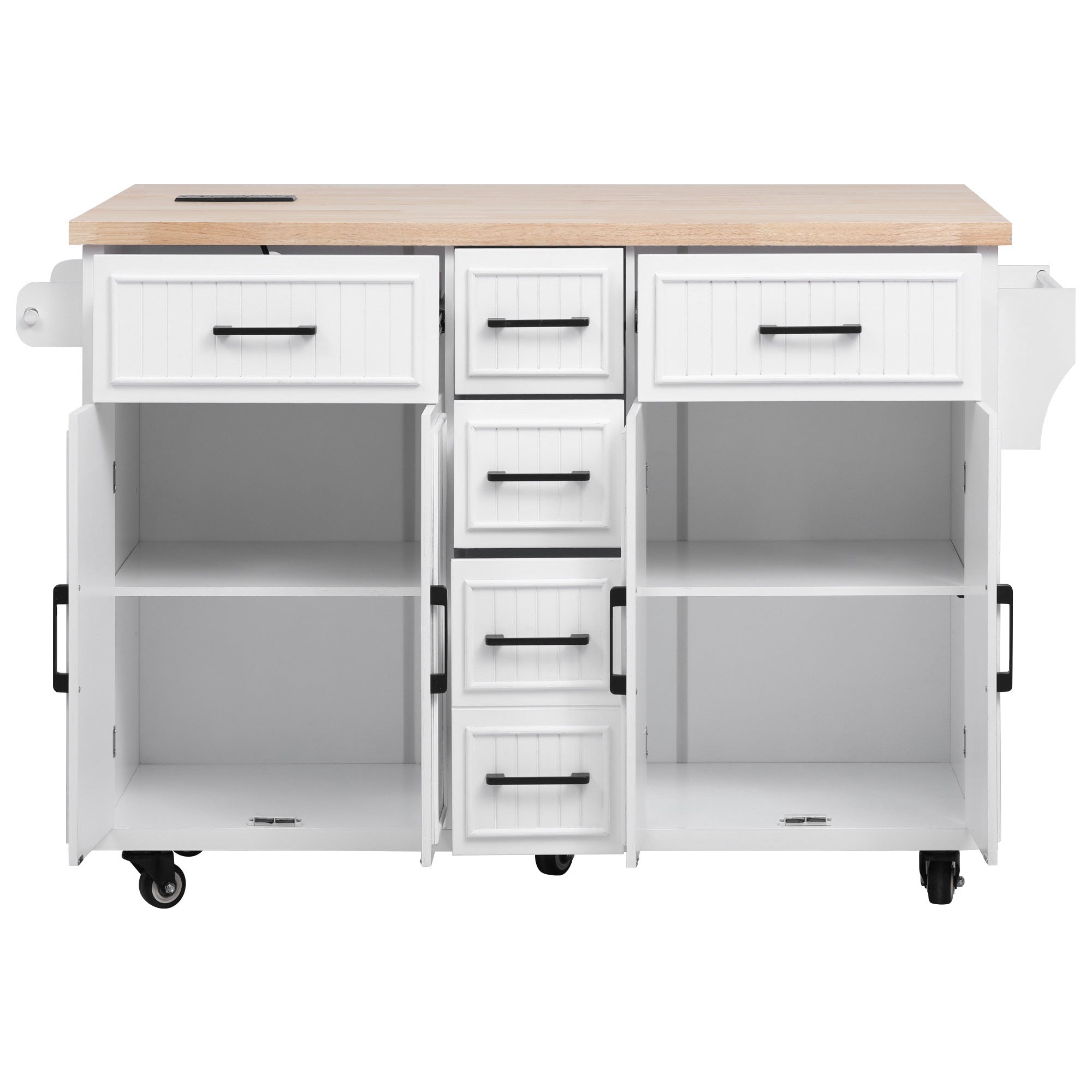 K&K 56.5'' Kitchen Island with Drop Leaf, Power Outlet, Embossed Vertical Stripe Rolling Kitchen Cart on Wheels with 4 Doors , 5 Deep Drawers and Adjustable Shelves, for Kitchen, Dining Room, Black