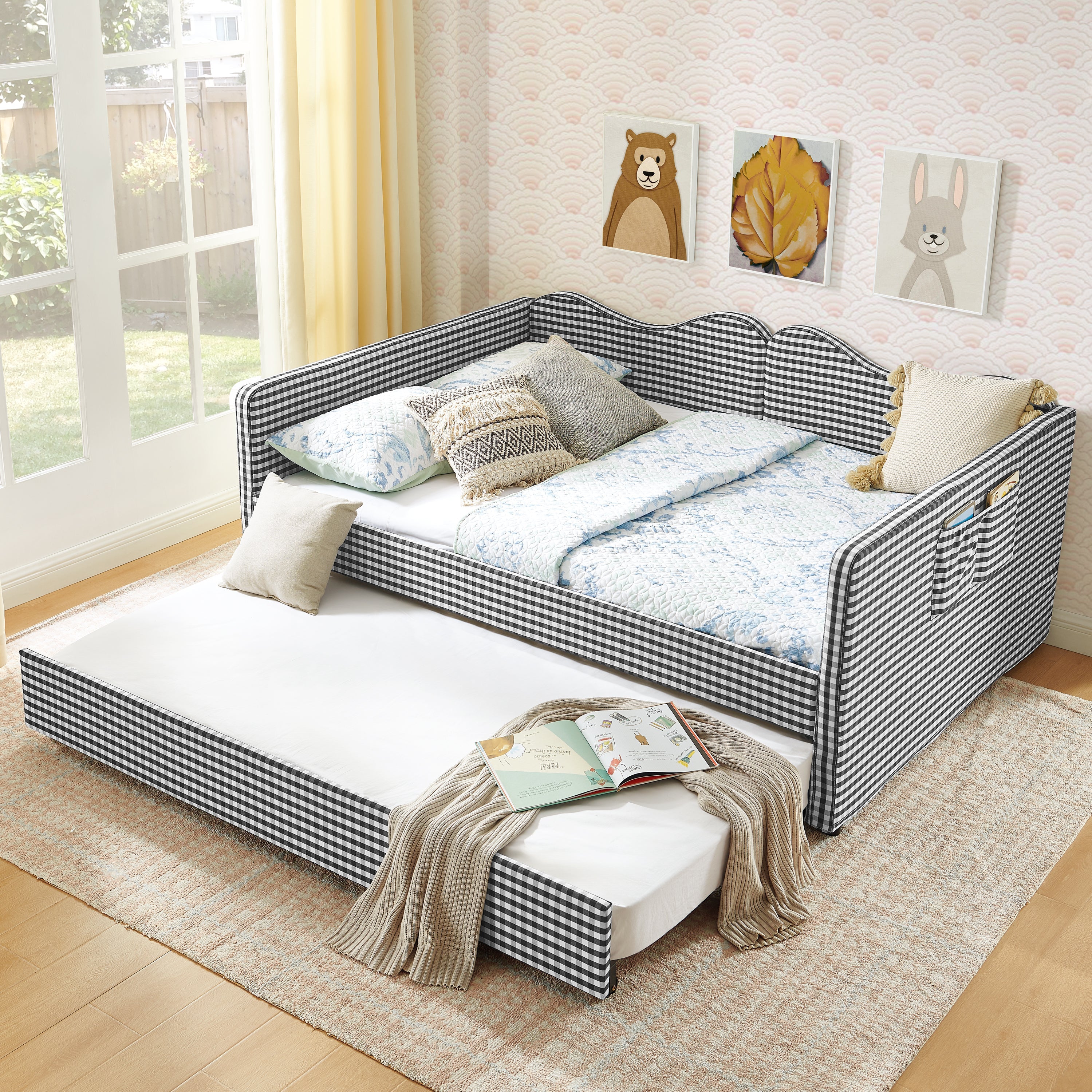 Full‑Size Daybed,Gingham Upholstered Daybed Equipped with Pull-Out Trundle Bed Frame & Side Storage Pocket, Solid Wood Frame Multi-Functional Sofa Bed for Kids Room & Guest Bedroom-PINK