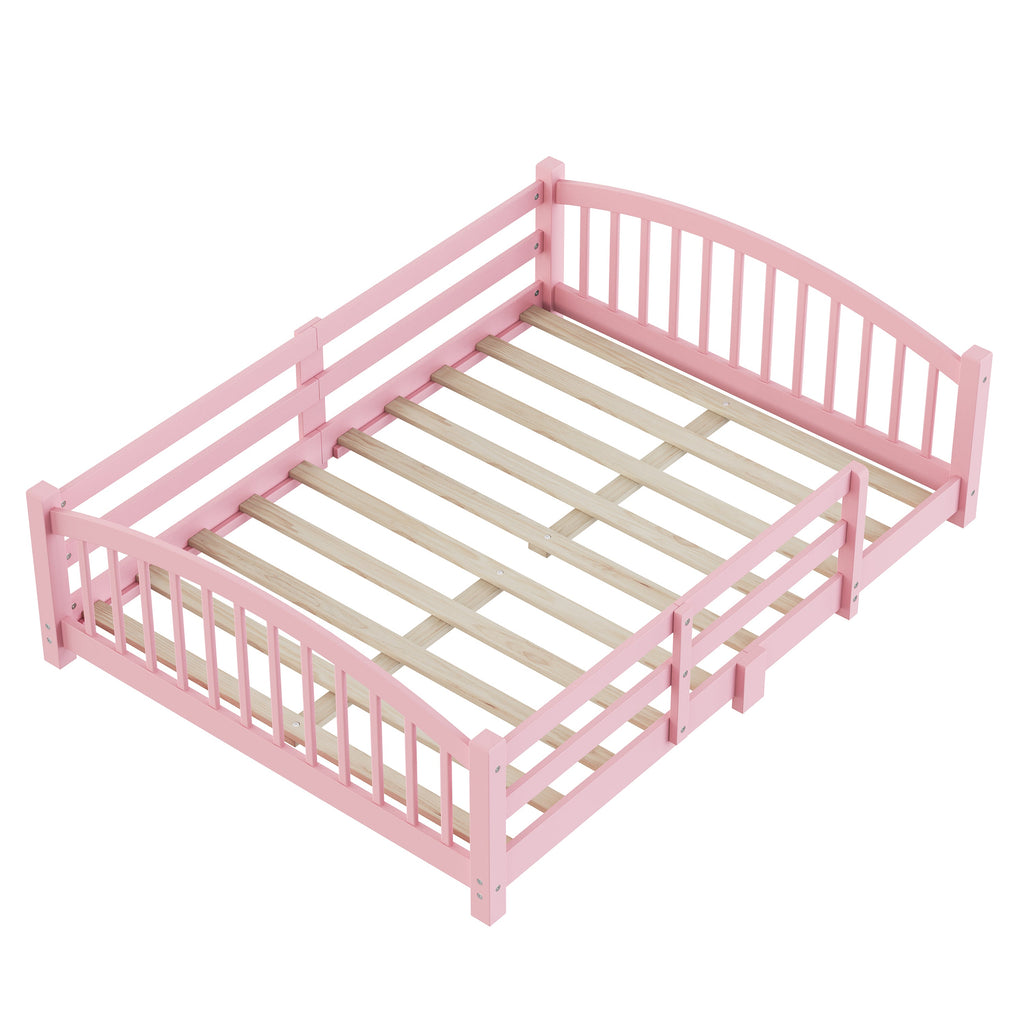 Full Montessori Floor Bed with Slats and Safety Guardrails, Solid Wood Floor Bed with Fence and Without Door, Easy Assemble Montessori Bed for Girls and Boys, Gray