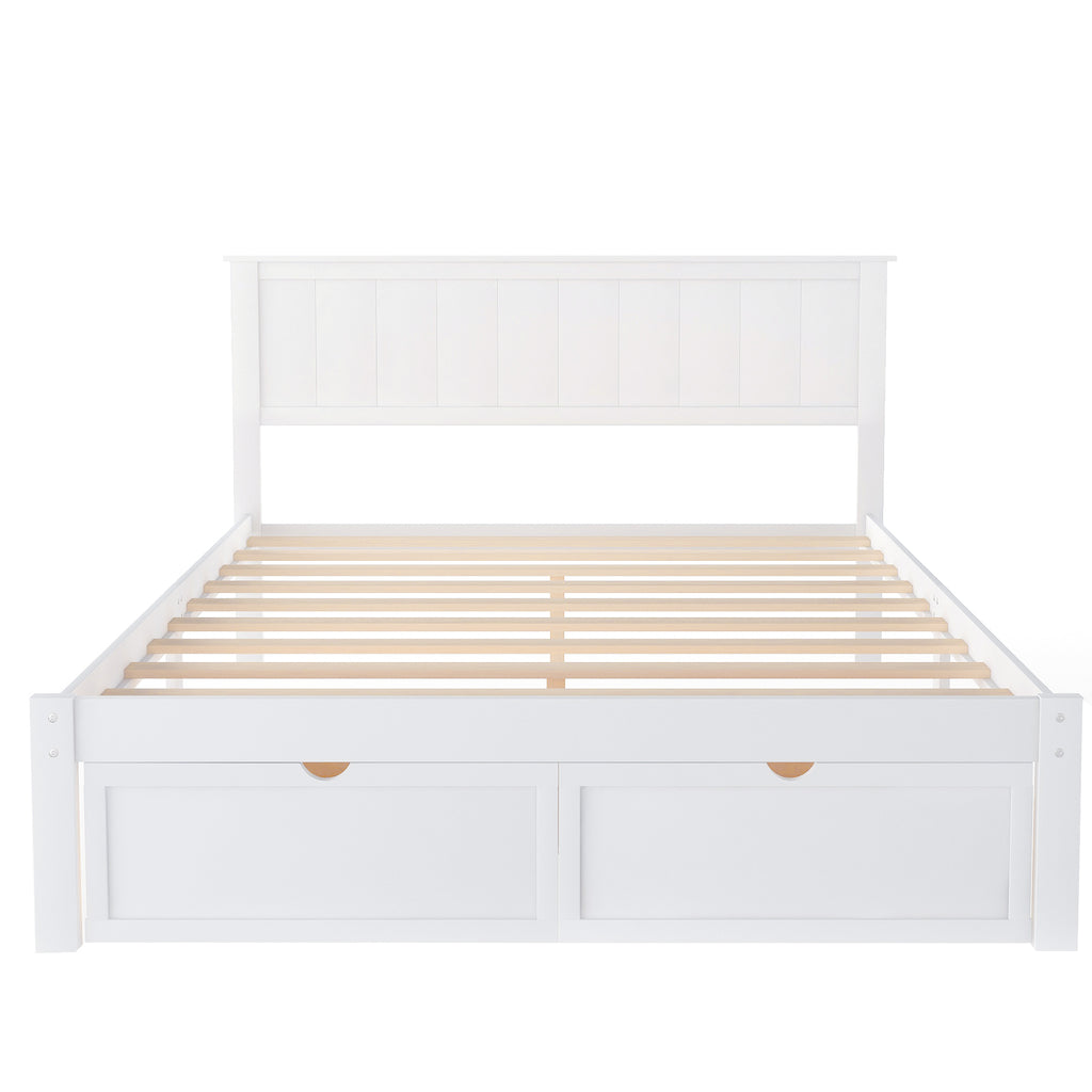 White platform bed under-bed storage clearance detail
