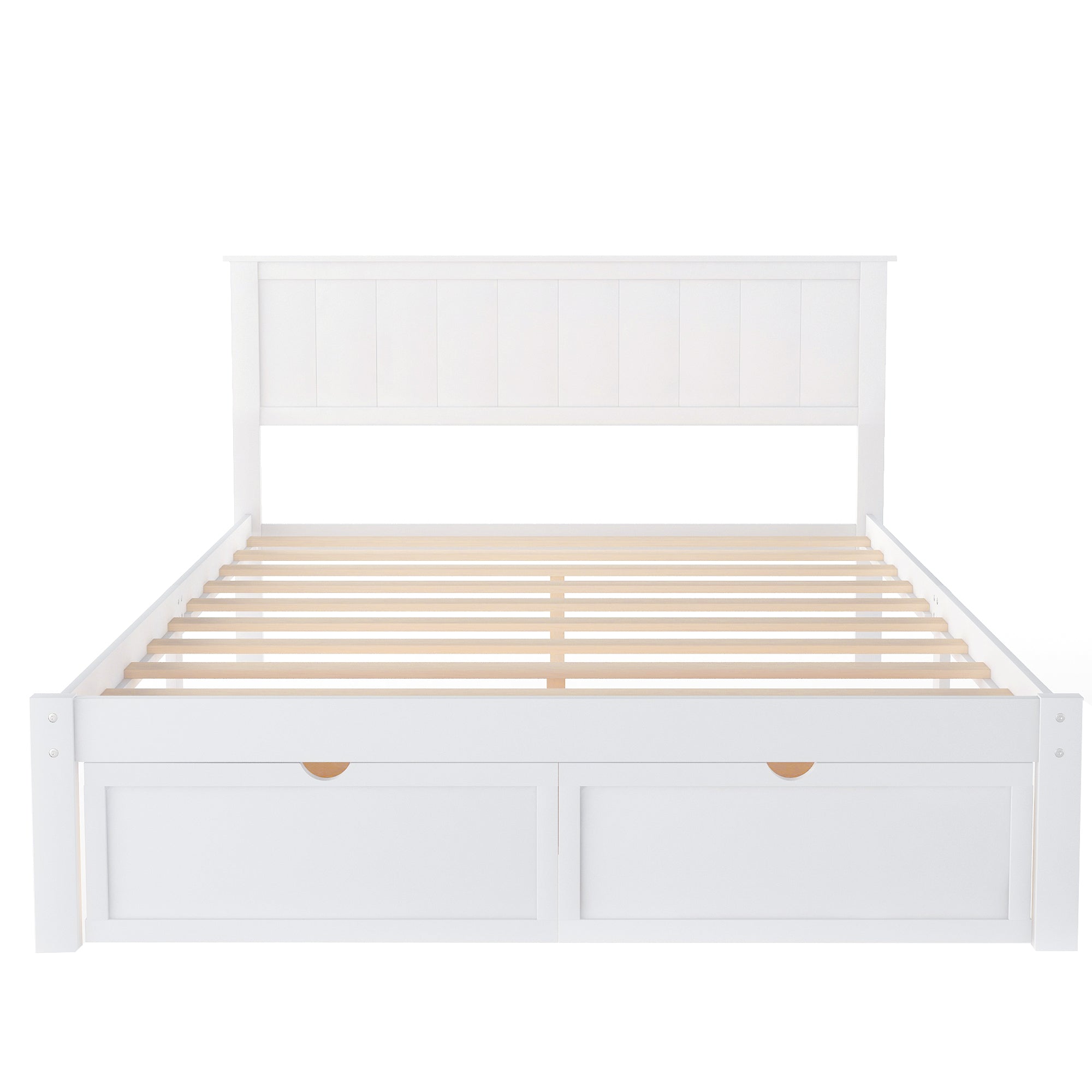 White platform bed under-bed storage clearance detail