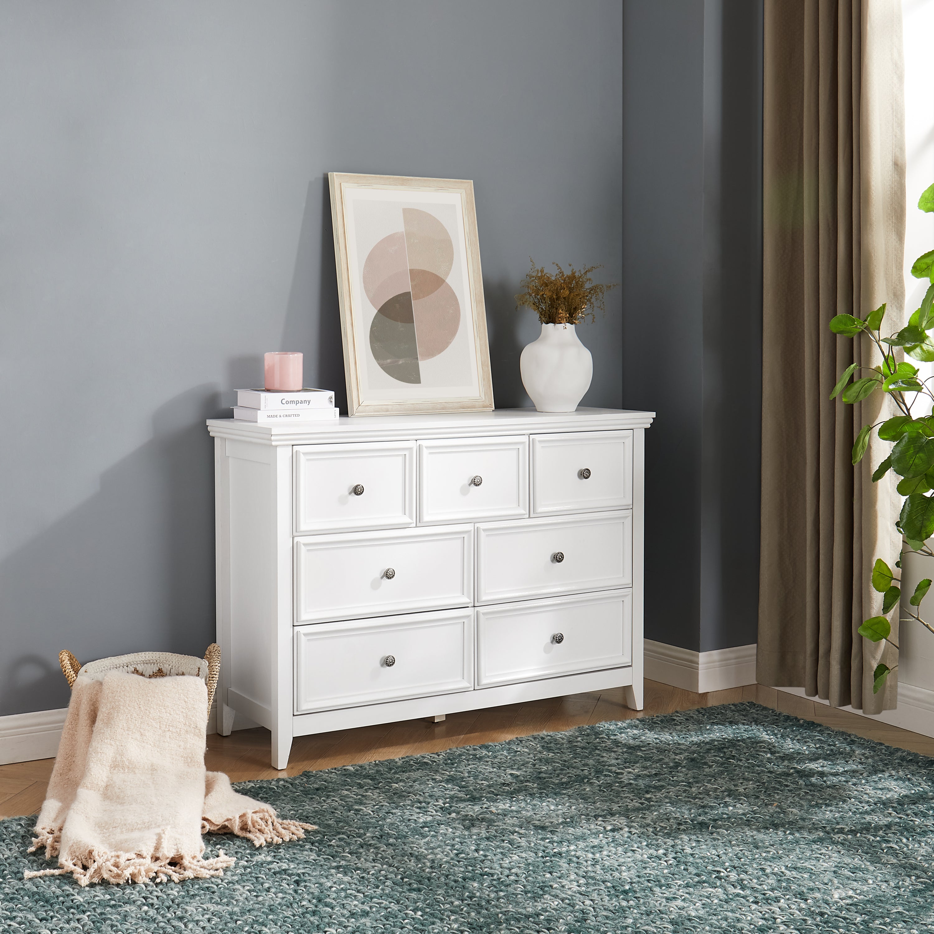 White modern 7-drawer dresser chest of drawers — front view