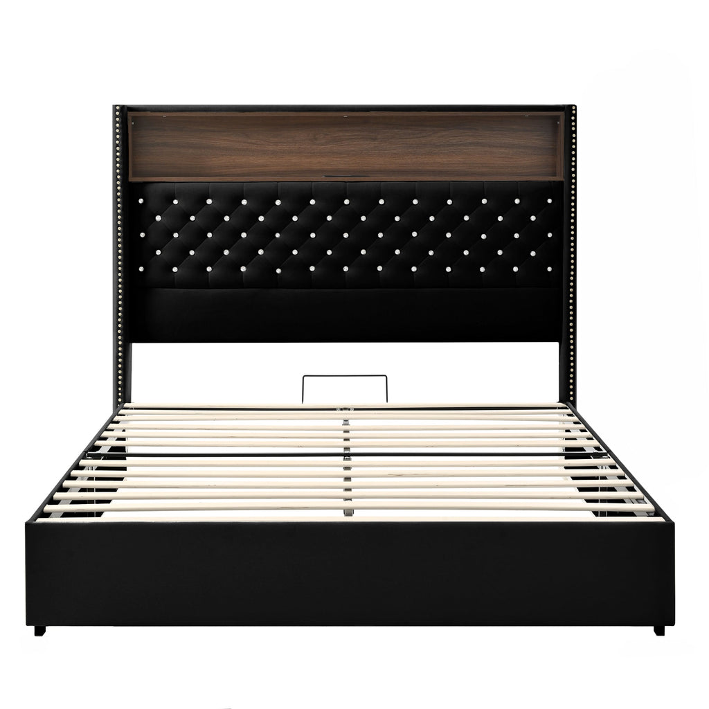 Queen Size Velvet Tufted Soft Bed Frame with USB Port and Night Light,52'' High Headboard with Rivet Decoration, Wing-back Platform Bed with Headboard Shelf, Beige