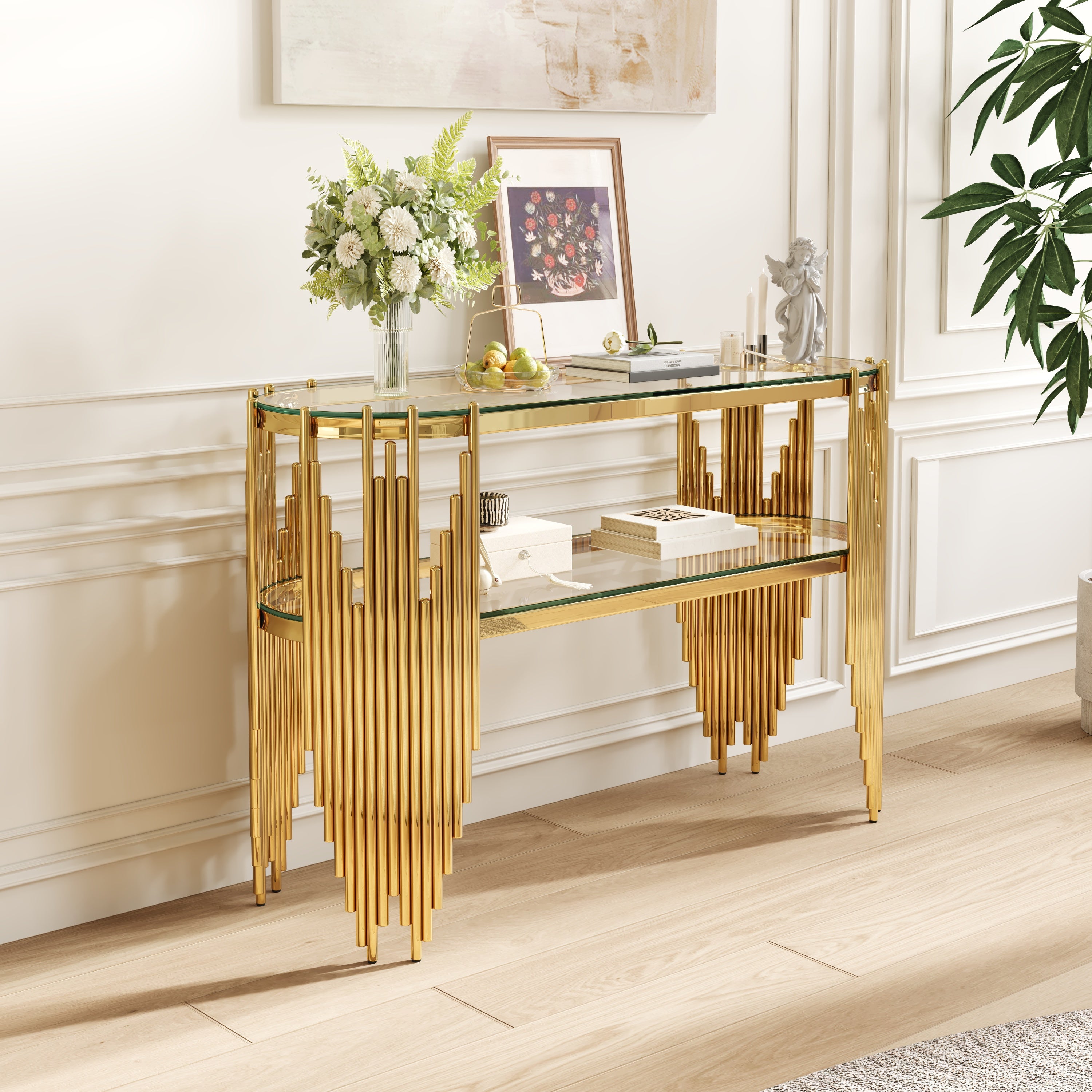 Luxury Gold Console Table with 2-Tier Tempered Glass Shelves, Modern Oval Entryway Table for Hallway & Living Room, Polished Stainless Steel Frame, 47' x 15.7' x 31.5'