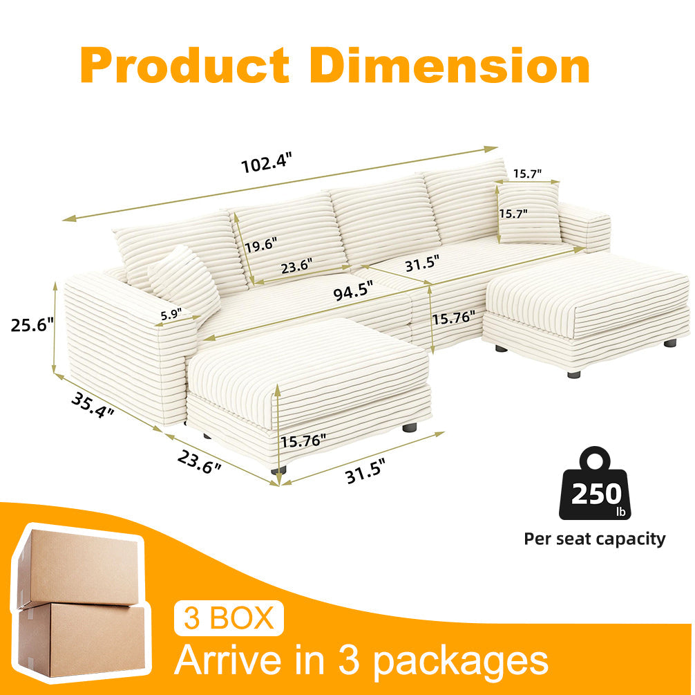 102.4 'Plush Corduroy 4-Seat Sofa,Modern Comfy Upholstered Sofa Cloud Couch,Deep Seat Couches with Soft Pillows and 3 Ottomans,Convertible Sofa Lounge Chair,Black(Old SKU:W1885S00287)