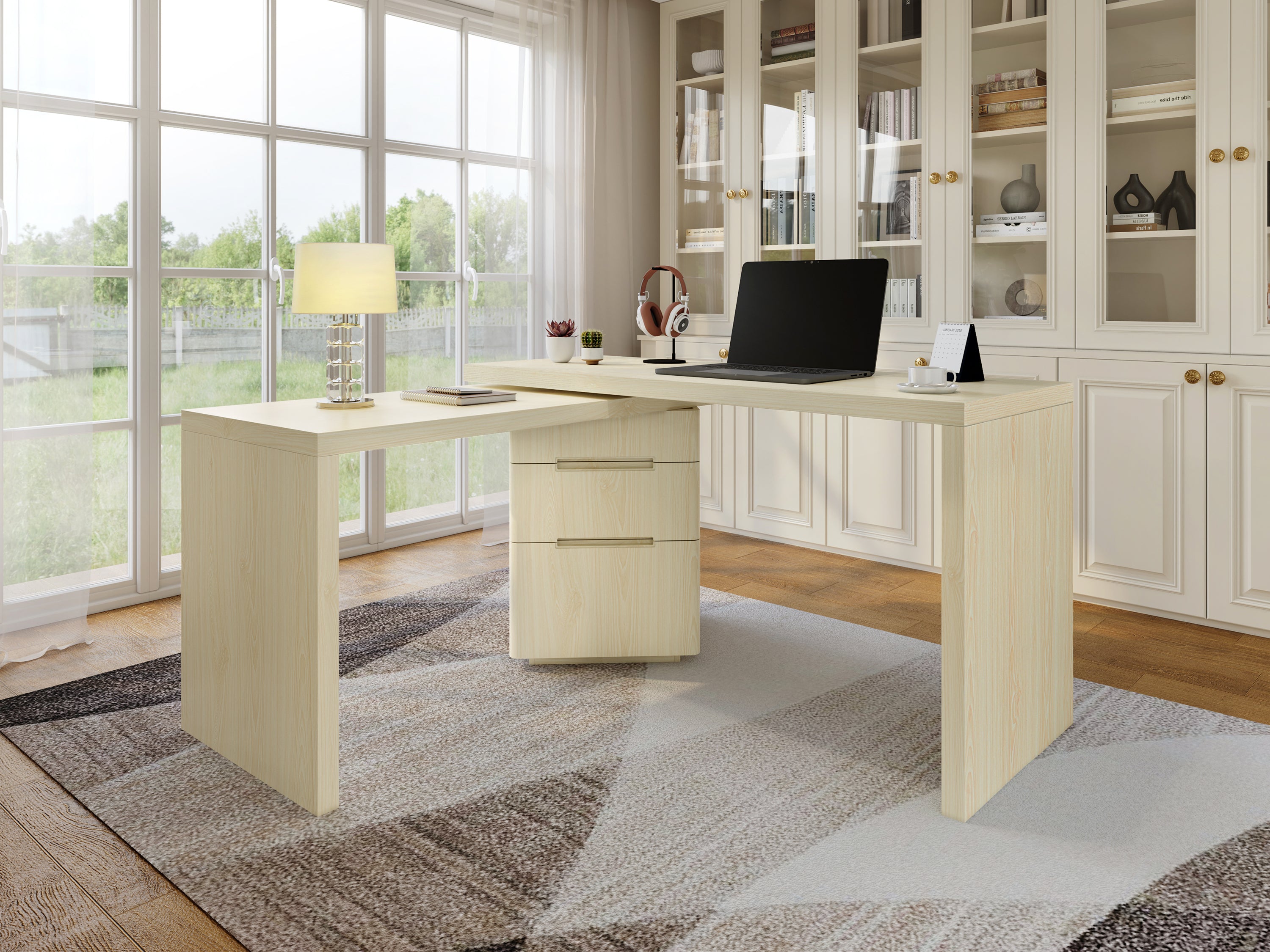 Natural wood executive desk in home office setting