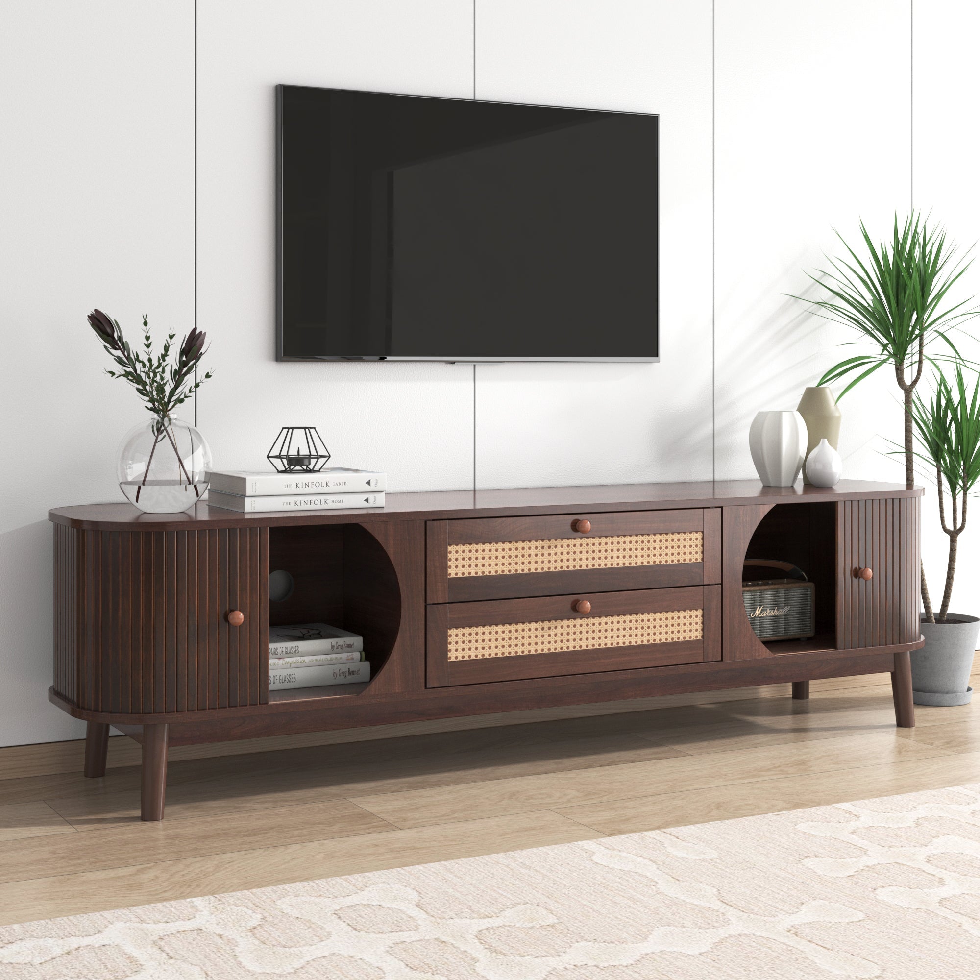 Modern Farmhouse Rattan TV Stand — for TVs Up to 75" (Natural Wood)