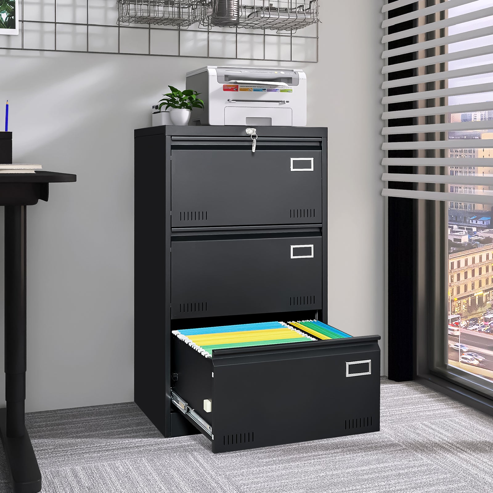 Black lateral file cabinet three drawers — angle view