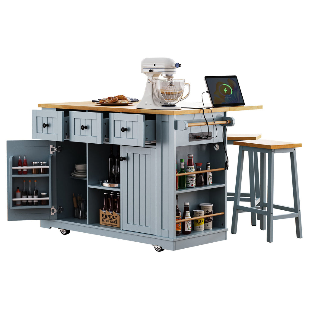 K&K 53inch Large Kitchen Island with 2 Bar Stools, Power Outlet,Door Internal Storage Rack, Kitchen Storage Cart on 5 Wheels with Drop Leaf, 5 Open Side Racks, 3 Drawers,Black (Three Packages)