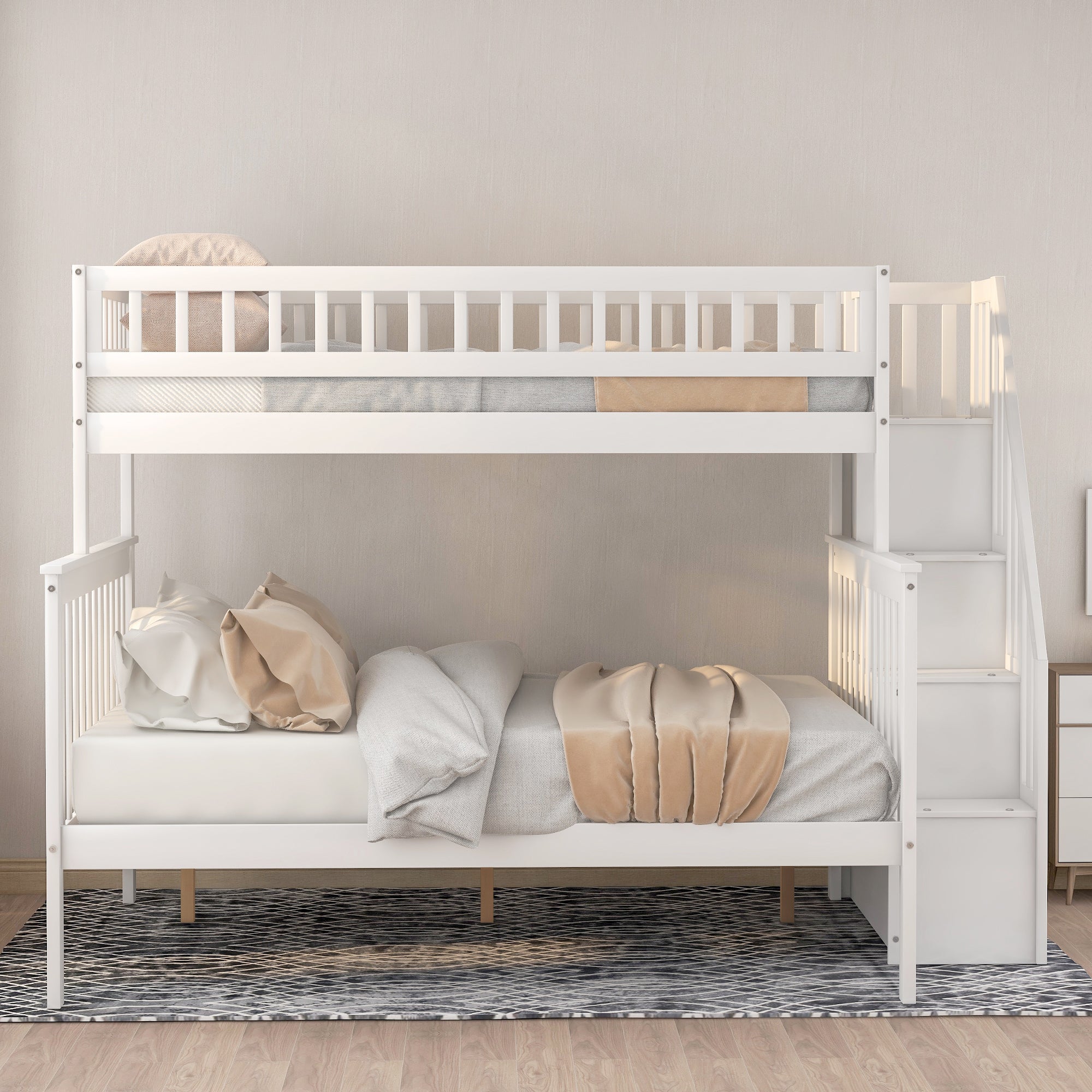 Twin over Full Stairway Bunk Bed with Side Shelves & Storage — Pine Wood