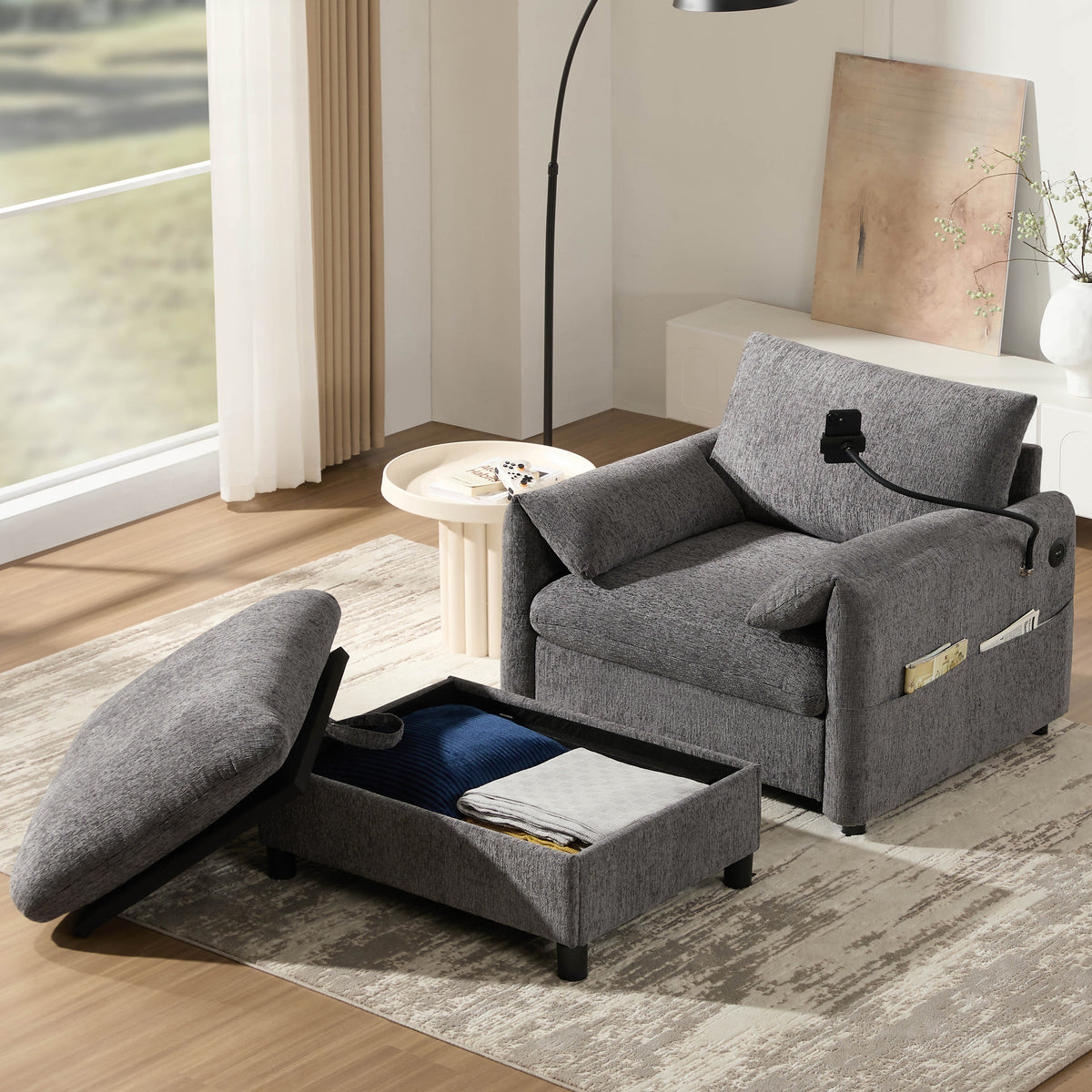 37' Single Sofa with Storage Ottoman, Adjustable Phone Holder, Dual-Port Charger, Storage Pockets, Elephant Ear Armrest, Comfy Chenille Armchair, Modern Cloud Chaise Lounge for Living Room&Apartment
