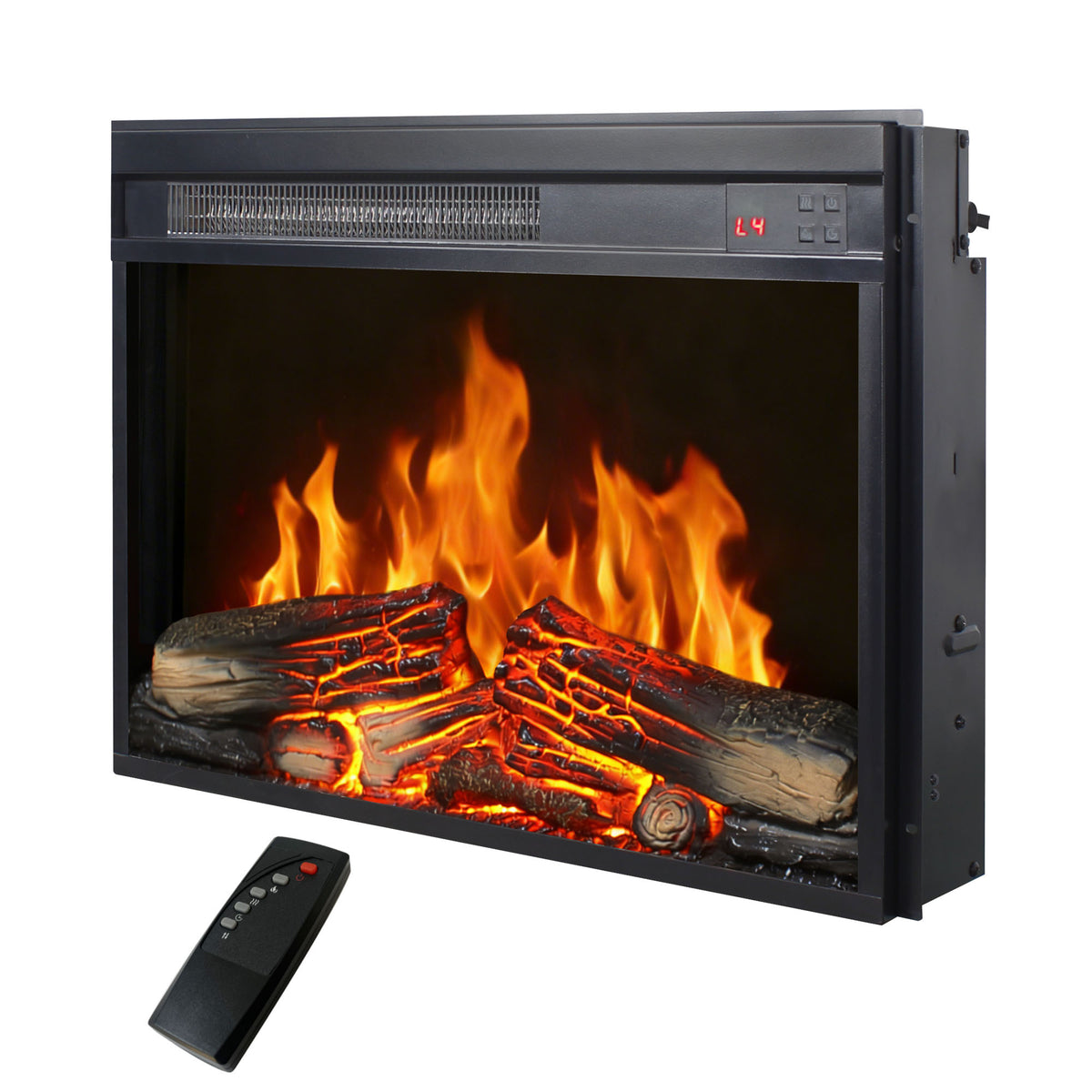 23 inch electric fireplace insert, ultra thin heater with log set & realistic flame, remote control with timer, overheating protection