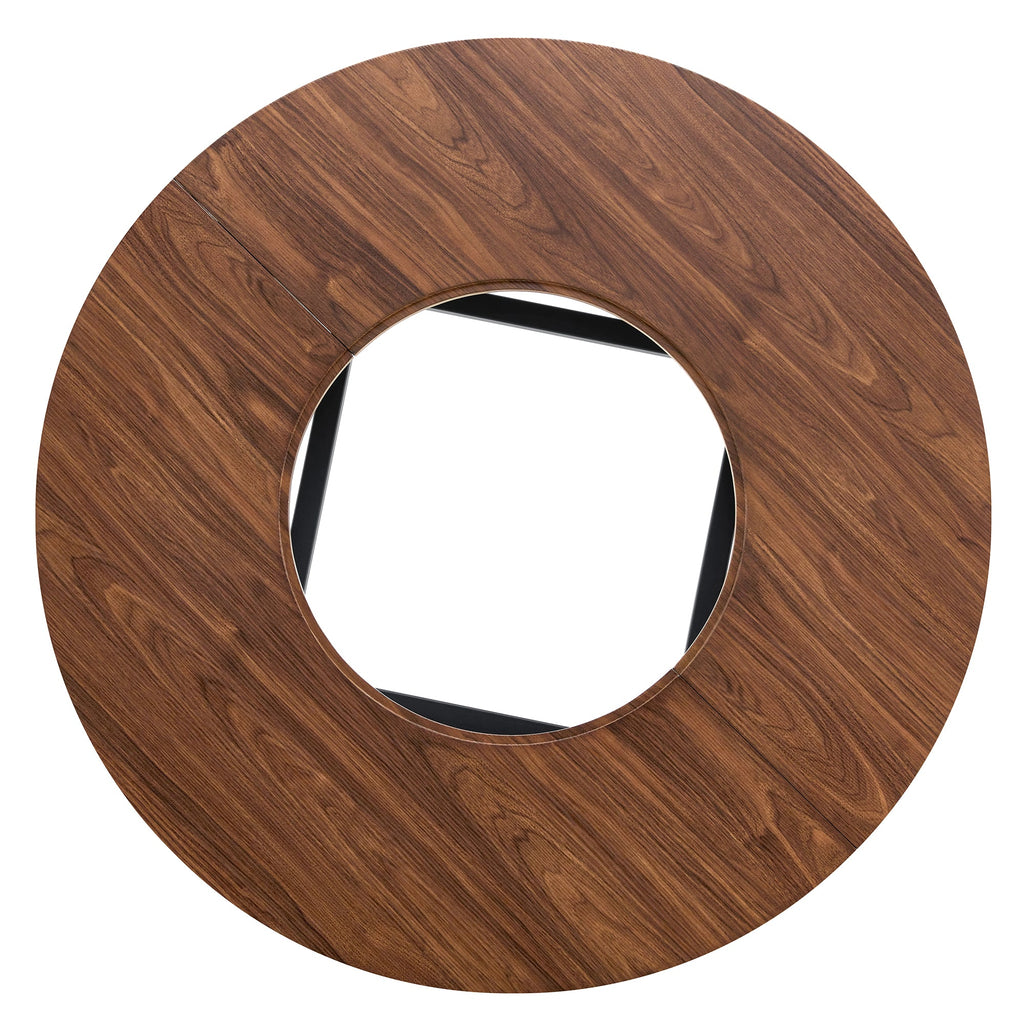Table and chair set.42 inch modern minimalist brown wood grain round dining table set.Paired with 6 Black Artificial PU Chairs With Curved Widened Cushion Design. Suitable for dining rooms,office,etc.