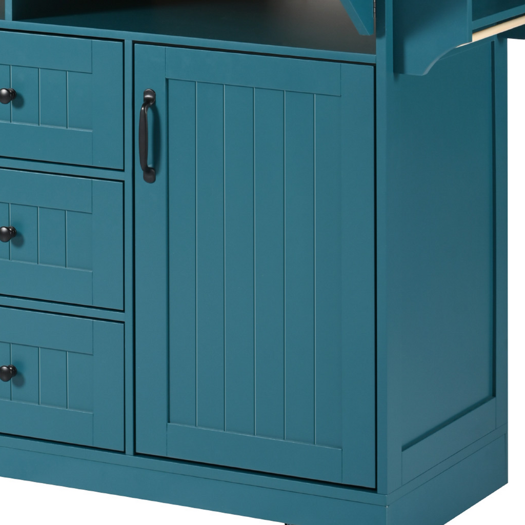 K&K 55.7'' Large Kitchen Island with 2 Drop Leaf,, Rolling Kitchen Cart on 5 Wheels with Power Outlet, Folding Storage Dining Table with Spice & Towel Rack , 3 Drawers, for Kitchen, Dining Room,Black