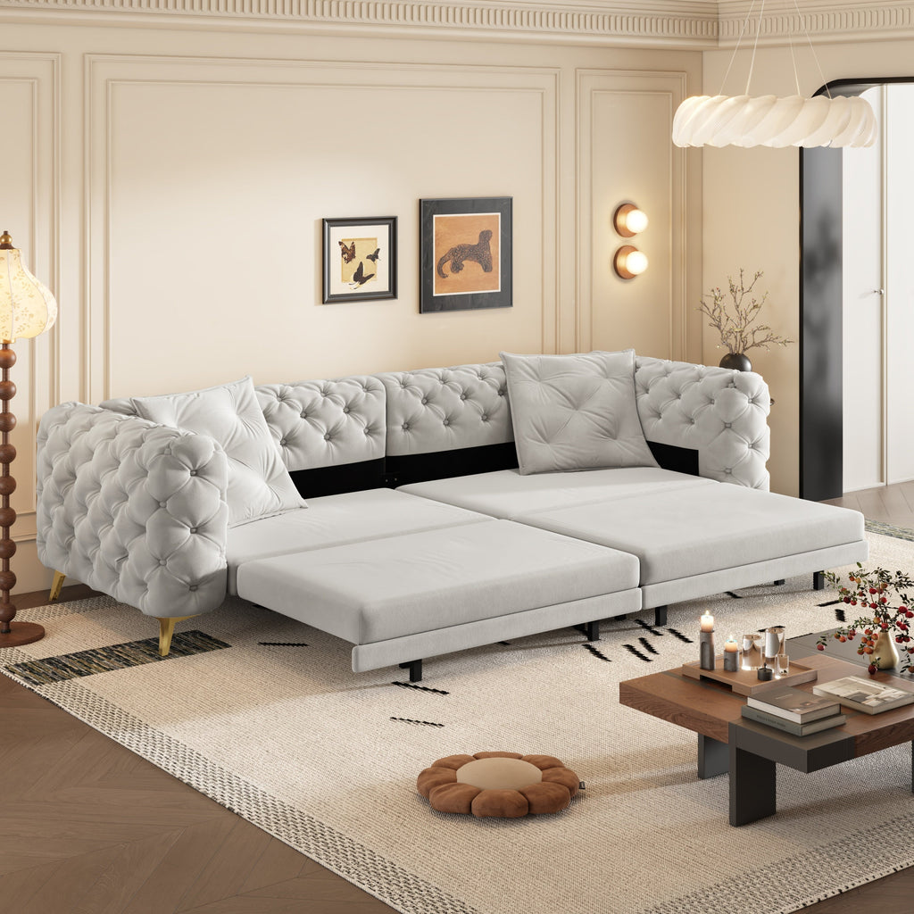 97.7' 3-in-1 Convertible Sleeper Sofa, 28.4' Deep Seat Pull Out Sofa Bed,Button Tufted Modern Sofa, 4-Seater Couch with Movable Ottoman for Apartment, Office, Bedroom,Beige/White