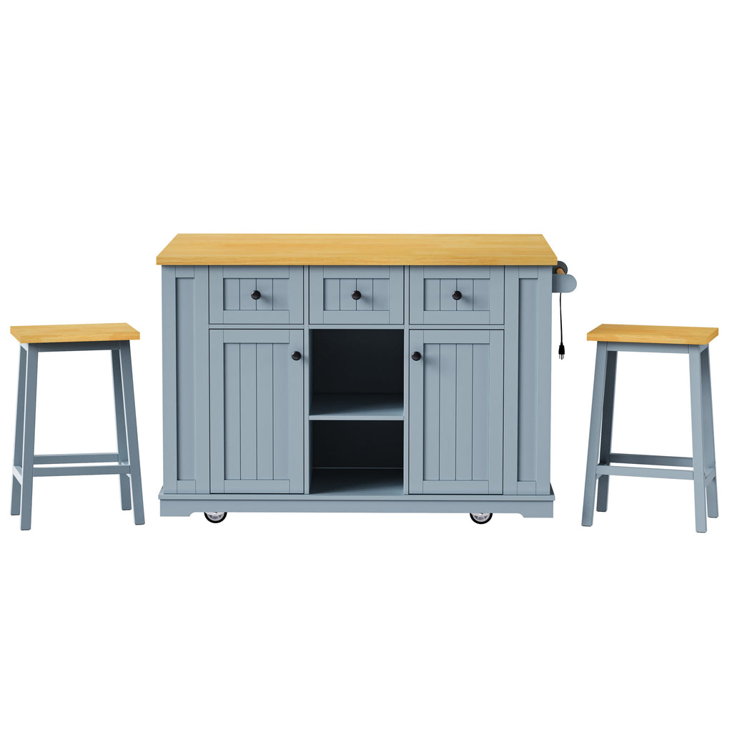K&K 53inch Large Kitchen Island with 2 Bar Stools, Power Outlet,Door Internal Storage Rack, Kitchen Storage Cart on 5 Wheels with Drop Leaf, 5 Open Side Racks, 3 Drawers,Black (Three Packages)