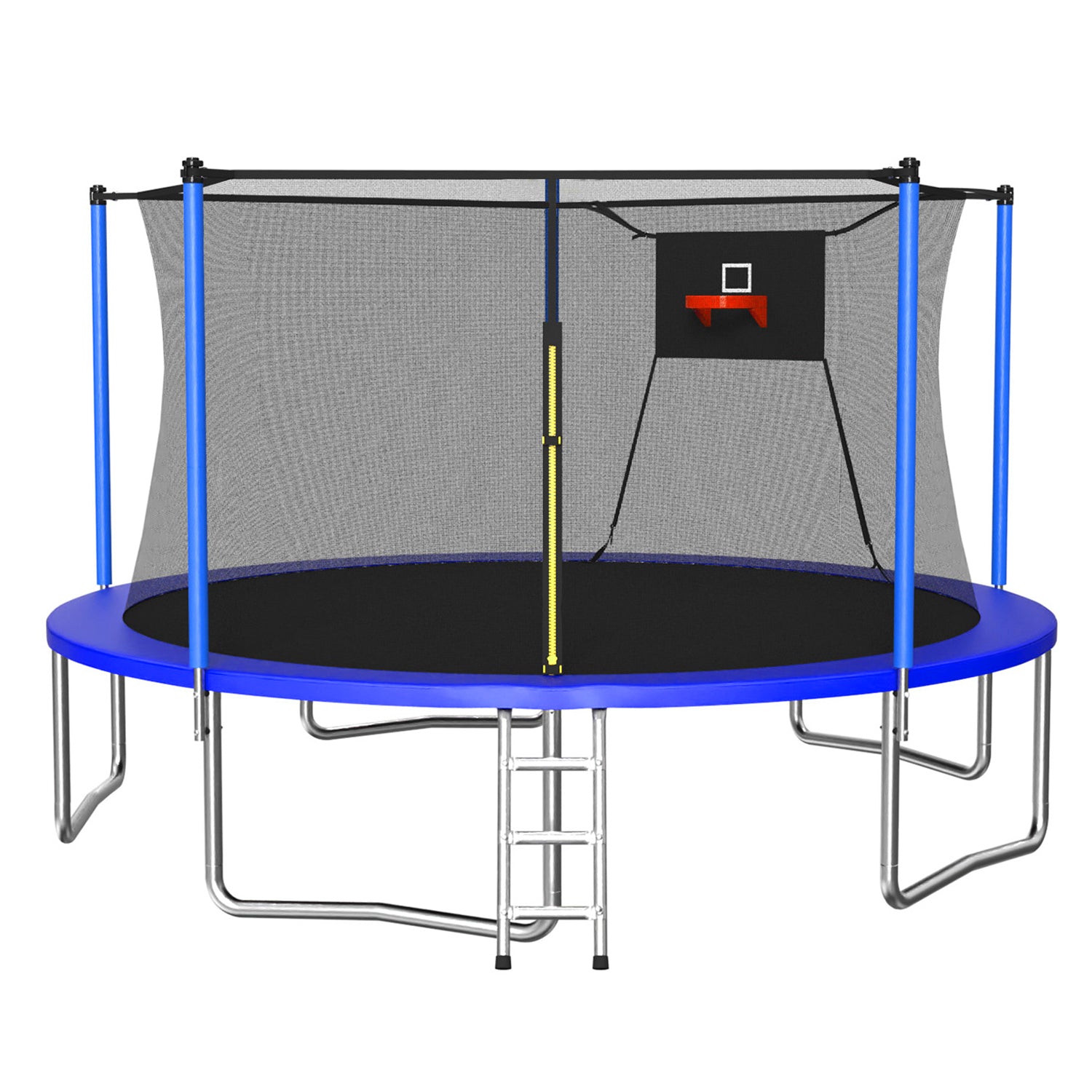 Blue 14-foot trampoline with basketball hoop and safety enclosure — front view