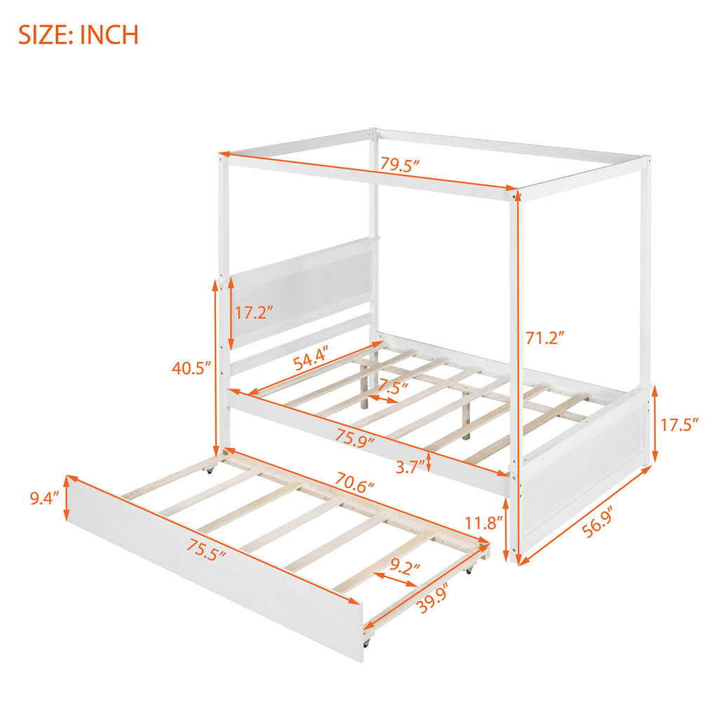 Canopy bed trundle pulled out for guest sleeping