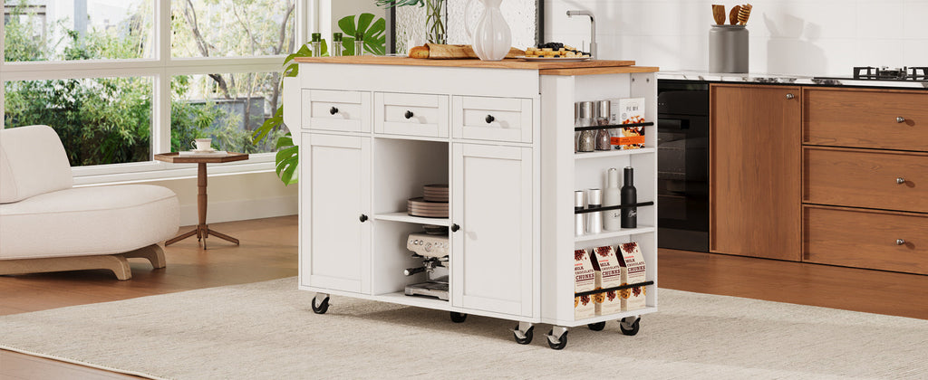 K&K 85.5' Kitchen Island with Extendable Dining Table, Kitchen Storage Table with 3 Side Open Shelves, Rolling Kitchen Island with Power Outlet, 3 Drawers, 2 Doors, for Kitchen, Dining Room, Black