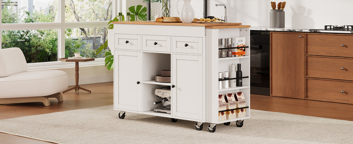 K&K 85.5' Kitchen Island with Extendable Dining Table, Kitchen Storage Table with 3 Side Open Shelves, Rolling Kitchen Island with Power Outlet, 3 Drawers, 2 Doors, for Kitchen, Dining Room, Black