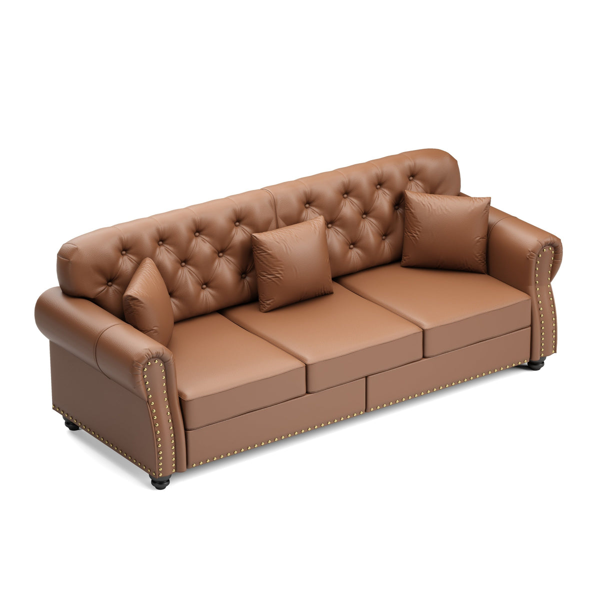 82.6'Upholstered Faux Leather Sofa with Nailhead Trim and Rolled Armrests,Mid-Century Modern Chesterfield Sofa with Button Tufted,Includes 3 Pillows,Black