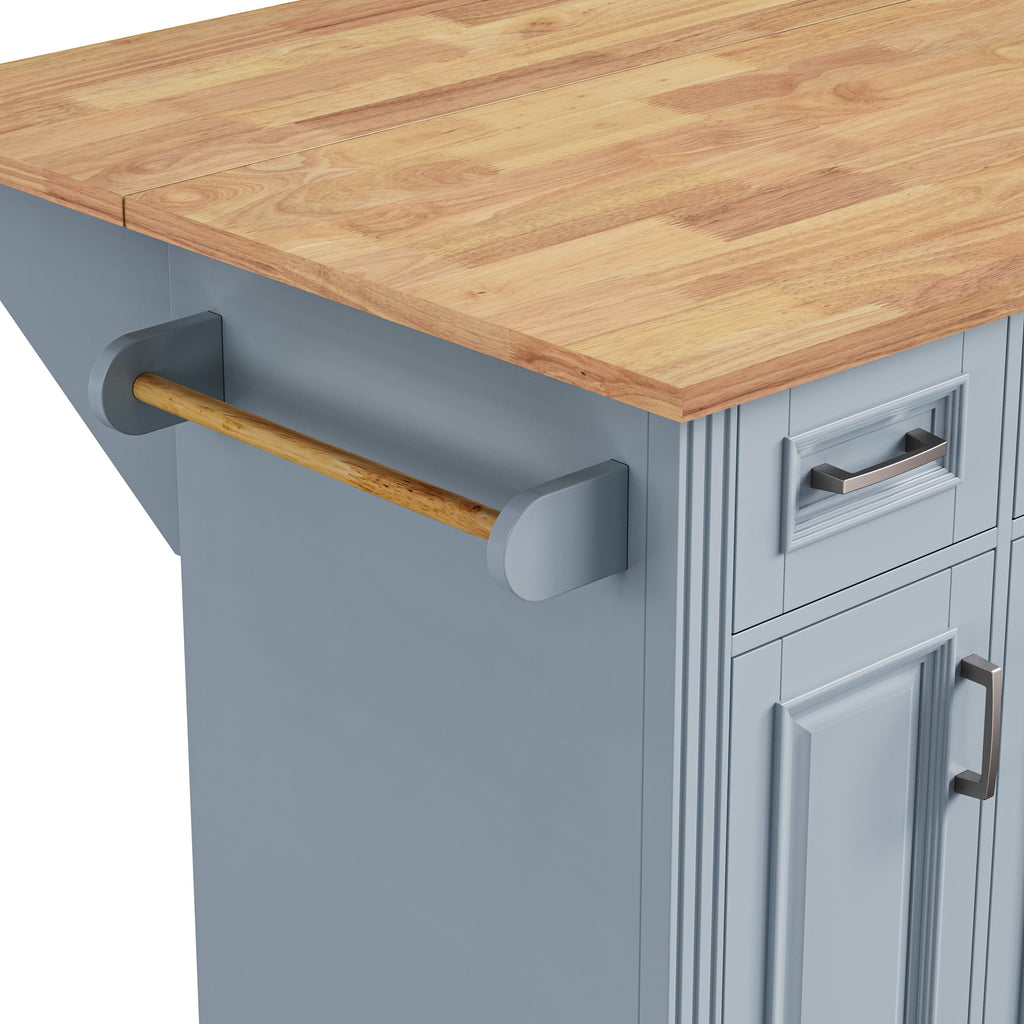 K&K 54inch Large Kitchen Island with Rubber Wood Drop Leaf, Embossed Texture Rolling Kitchen Cart on 4 Wheels with 4 Doors and 3 Drawers, Kitchen Island with Storage for Kitchen, Dining Room,Black
