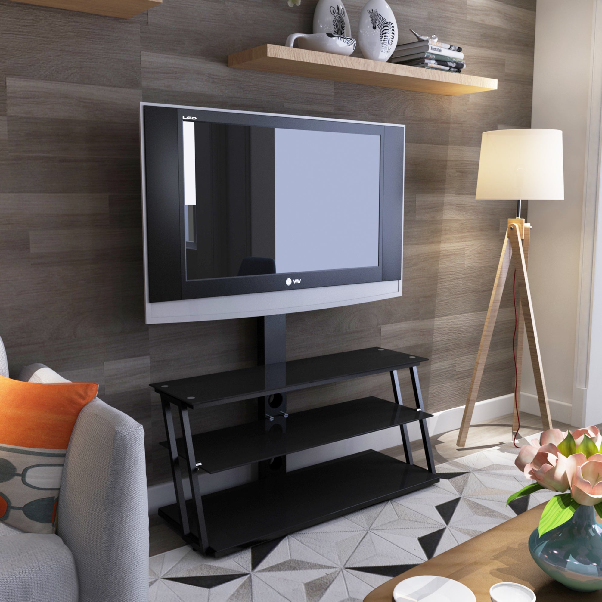Multi-function floor TV stand with mount for TVs up to 79 inches