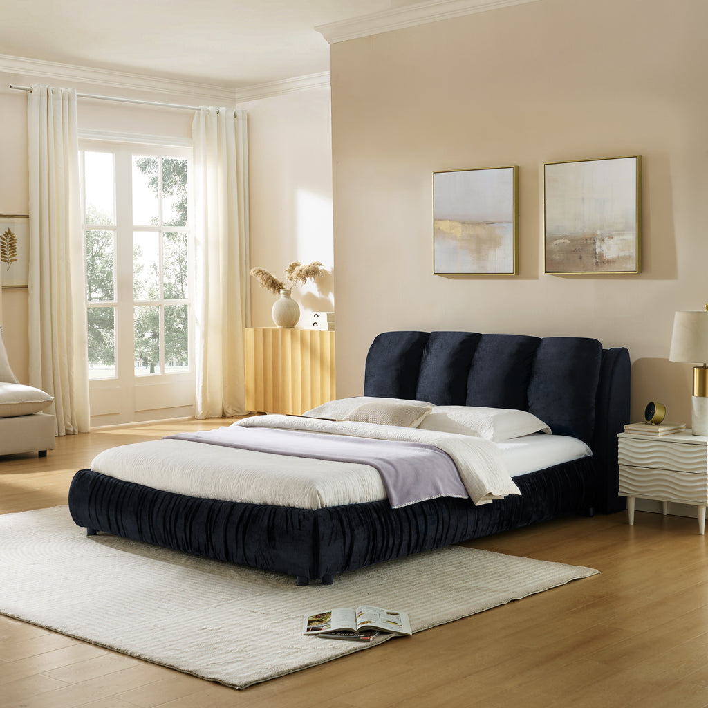 Queen Size Upholstered Bed Frame, Modern Minimalist Style with Segmented Plump Compressed Sponge Headboard, Shiny velvet & Sturdy Leg Support, Mattress Not Included-Black