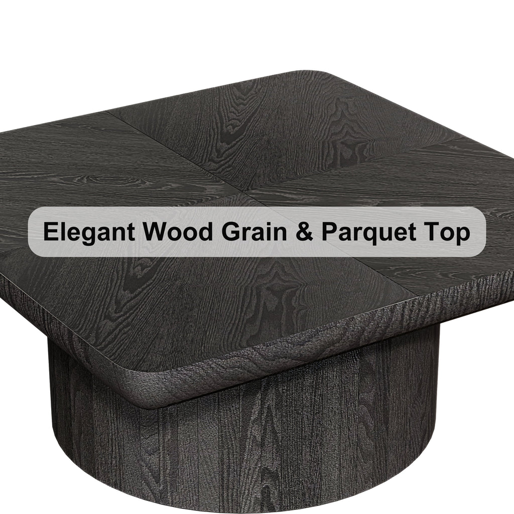 34.6'' Square Coffee Table for Living Room, Modern Wood Veneer Top with Parquet Pattern & Cylindrical Base, Thickened Tabletop, Easy Assembly, Natural Wood